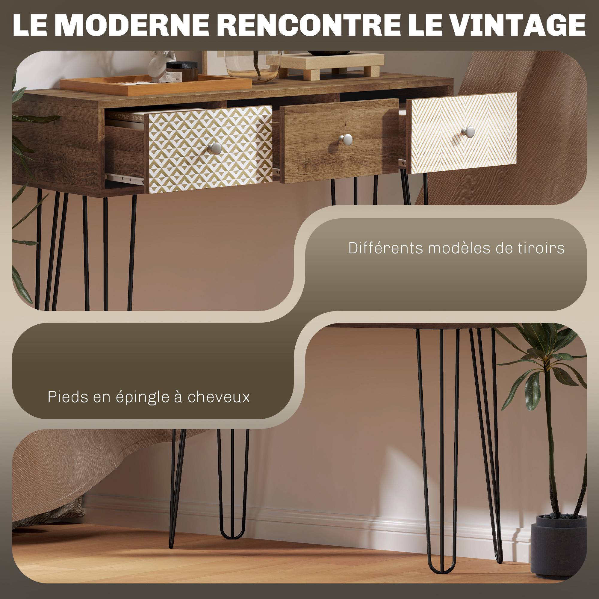 Table console avec 3 tiroirs, table d'entrée étroite avec pieds en épingle à cheveux en acier, 90 x 30 x 75 cm, marron - Image 8