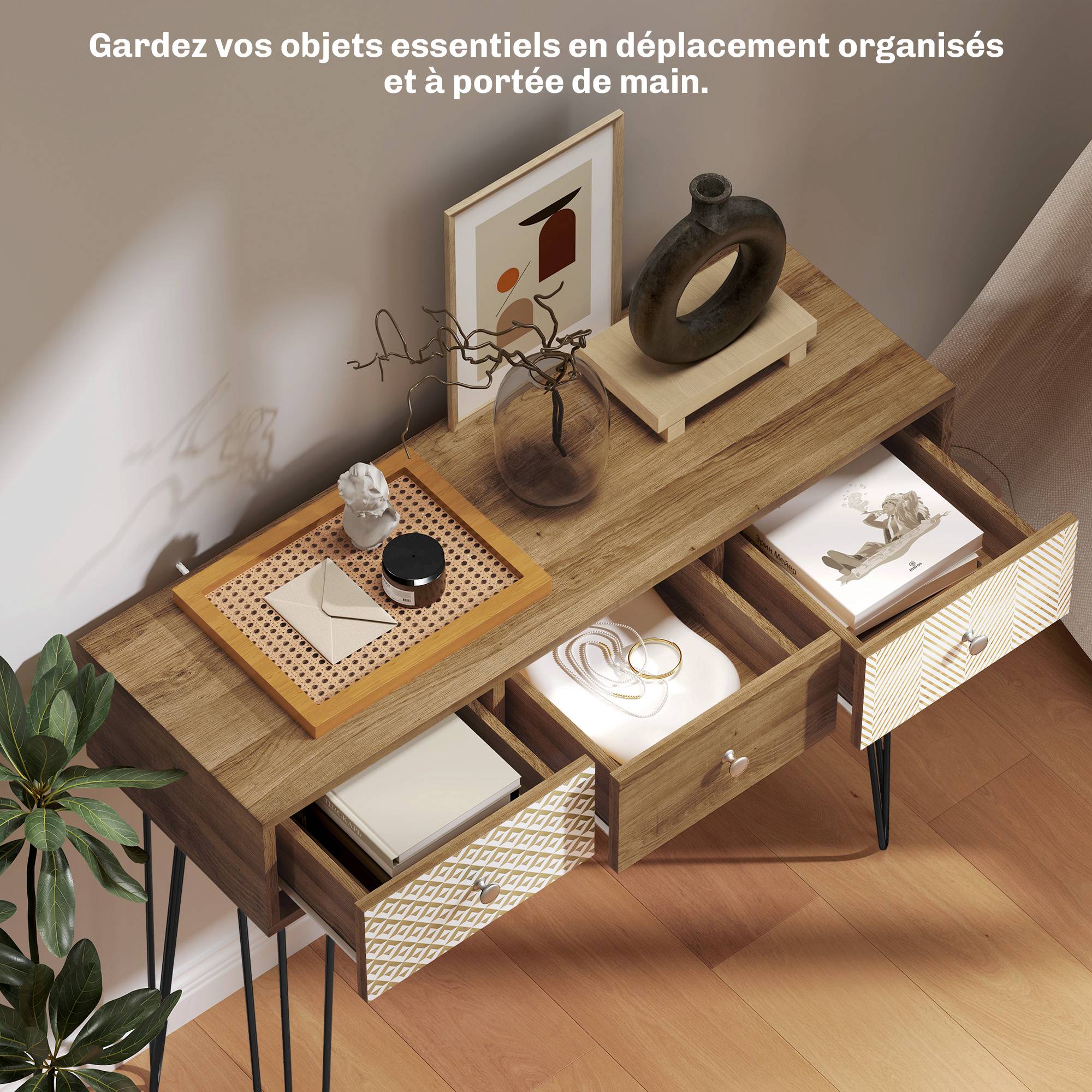 Table console avec 3 tiroirs, table d'entrée étroite avec pieds en épingle à cheveux en acier, 90 x 30 x 75 cm, marron - Image 6