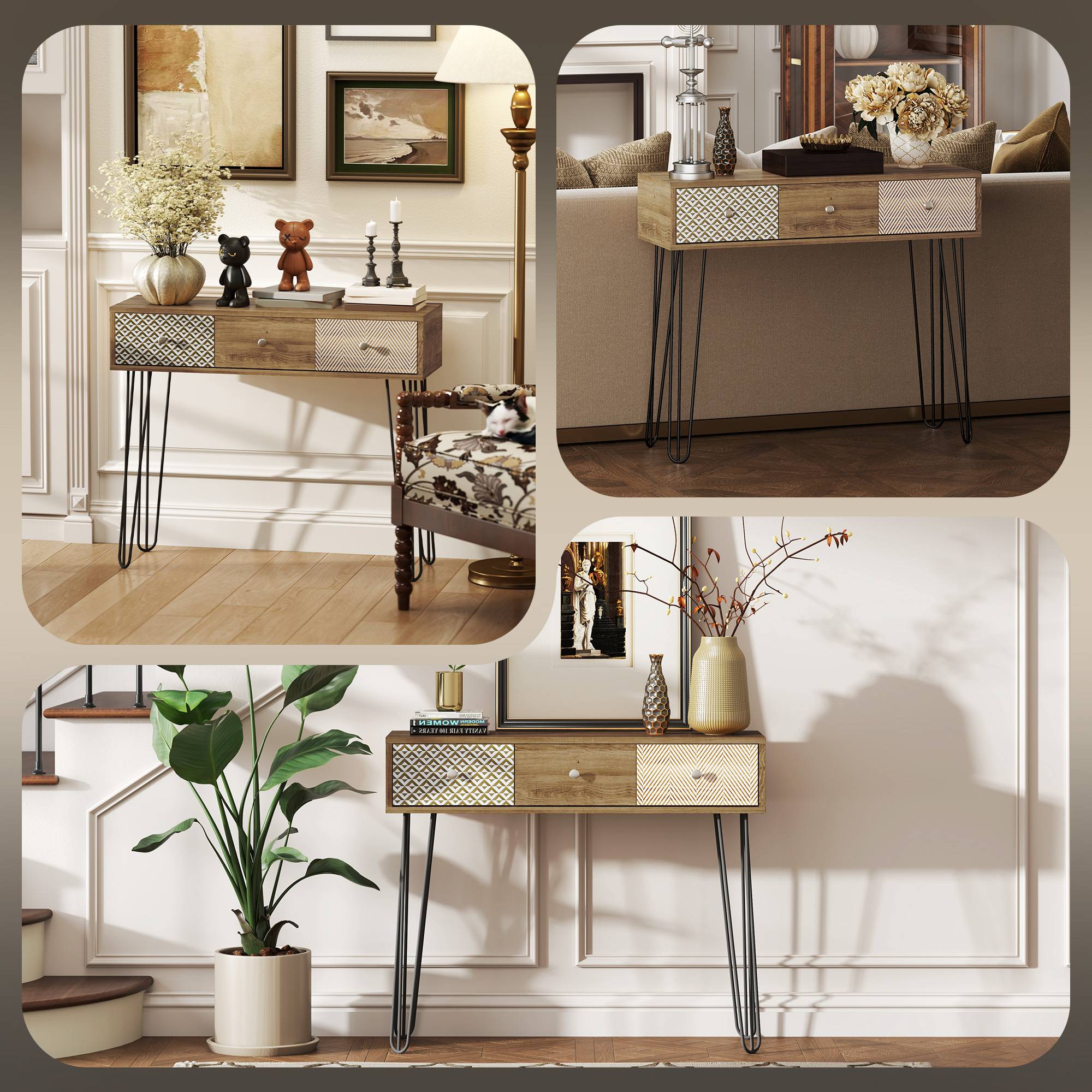 Table console avec 3 tiroirs, table d'entrée étroite avec pieds en épingle à cheveux en acier, 90 x 30 x 75 cm, marron - Image 7
