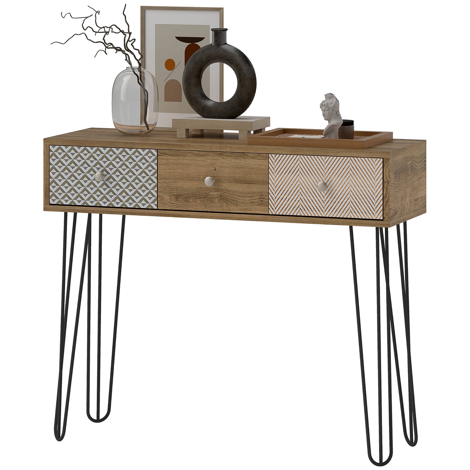 Table console avec 3 tiroirs, table d'entrée étroite avec pieds en épingle à cheveux en acier, 90 x 30 x 75 cm, marron - Image 2