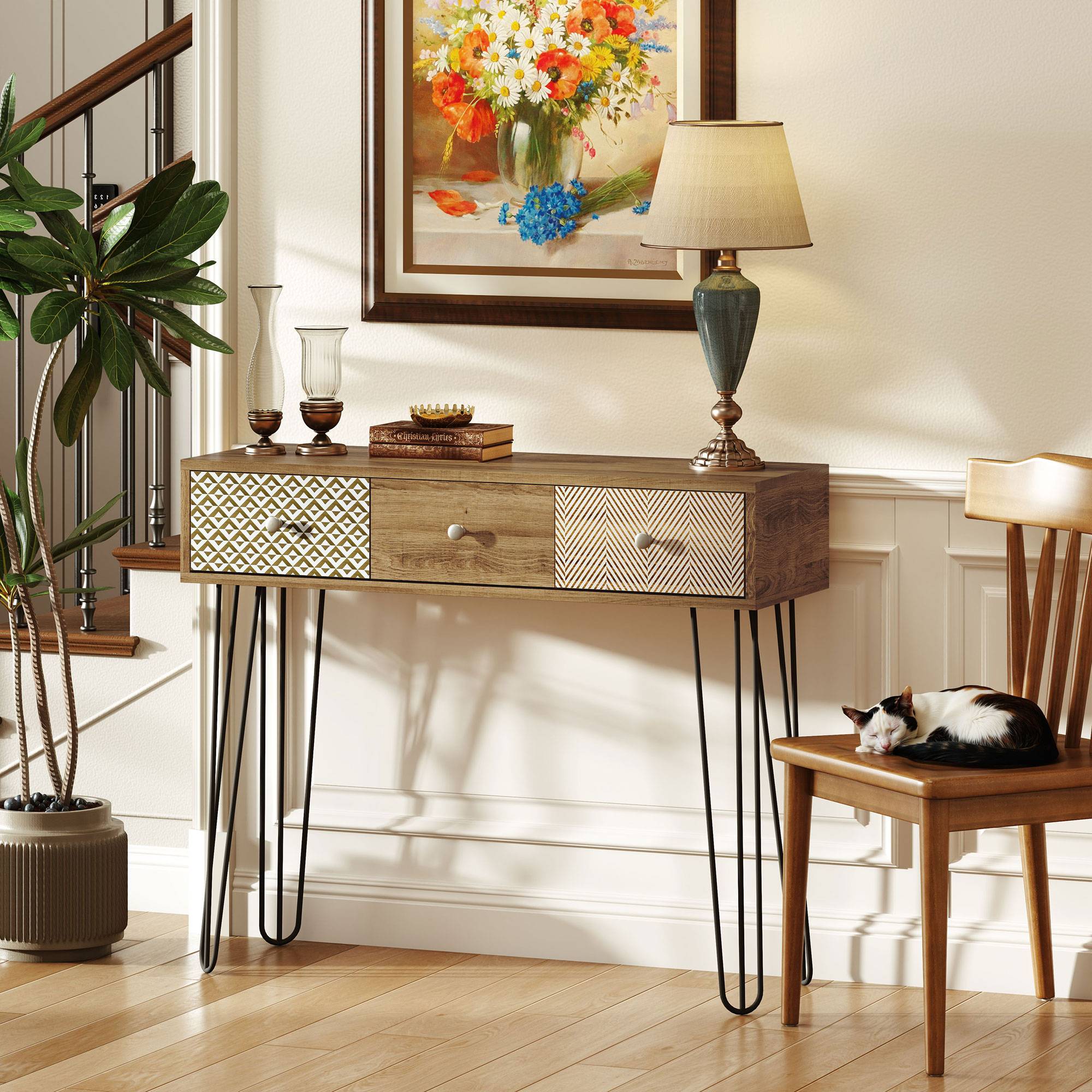 Table console avec 3 tiroirs, table d'entrée étroite avec pieds en épingle à cheveux en acier, 90 x 30 x 75 cm, marron - Image 3