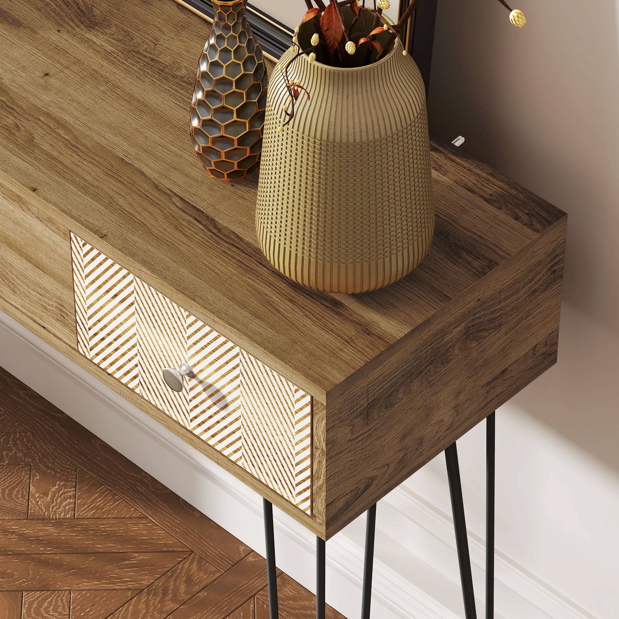 Table console avec 3 tiroirs, table d'entrée étroite avec pieds en épingle à cheveux en acier, 90 x 30 x 75 cm, marron - Image 10