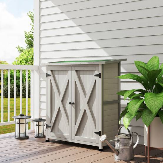 ComfortXL - Armoire de jardin en sapin 110 x 55 x 117 cm gris clair 2 portes rangement outils extérieur toit asphalté - Image 9