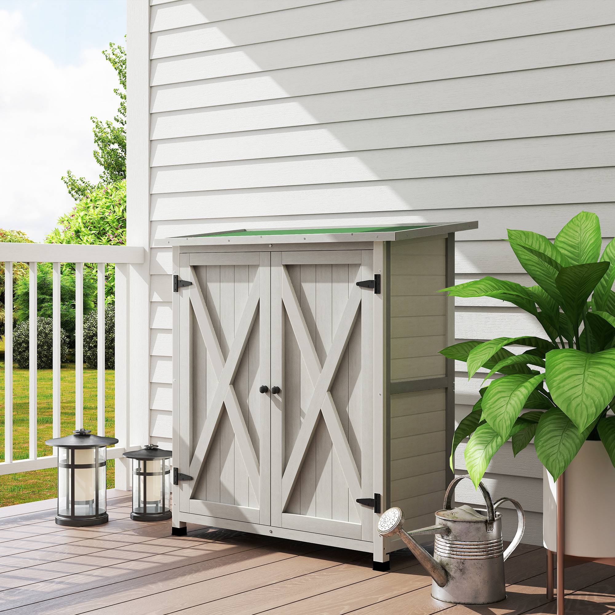 ComfortXL - Armoire de jardin en sapin 110 x 55 x 117 cm gris clair 2 portes rangement outils extérieur toit asphalté - Image 9