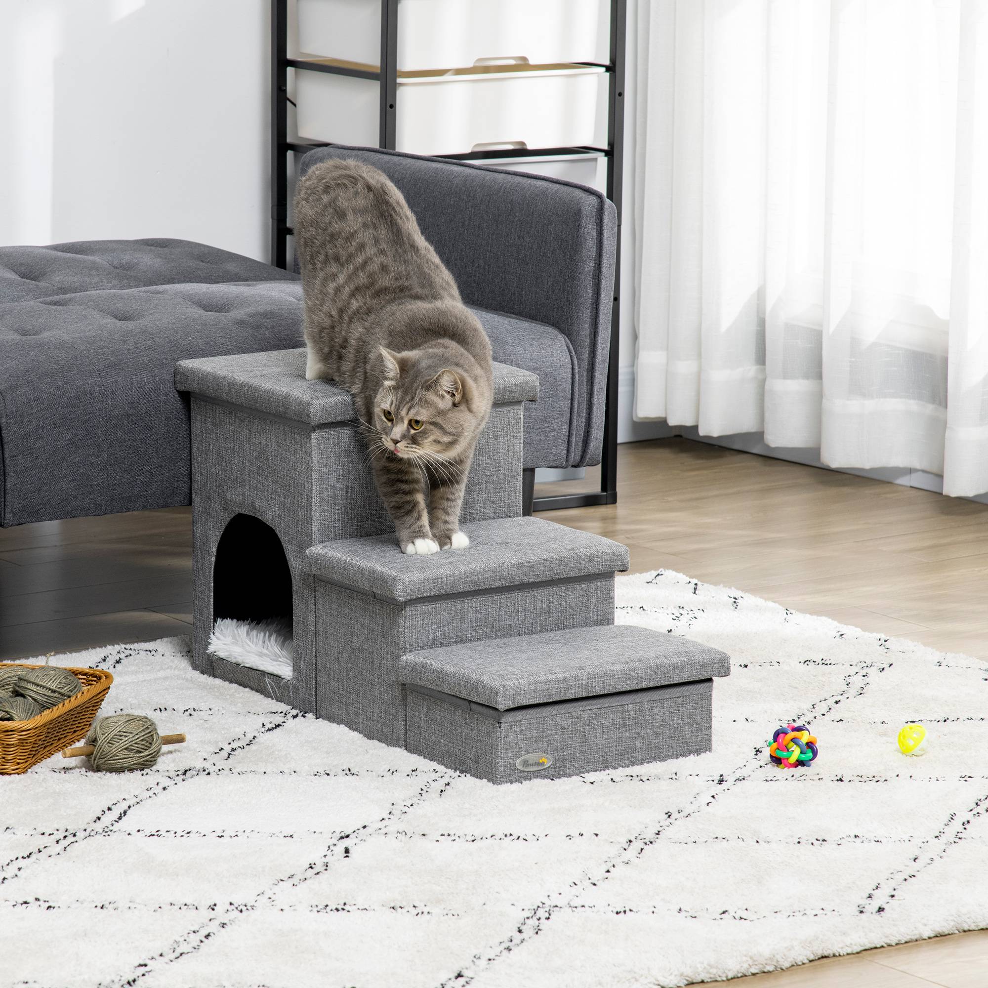 ComfortXL - Escalier pour animaux tissu gris clair 3 marches 40,5 cm avec niche rangement et housse lavable pour canapé - Image 1