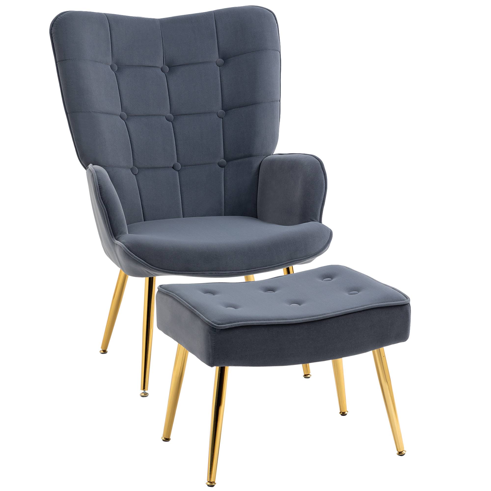 Sans Marque - Fauteuil avec repose-pied, fauteuil salon capitonné avec dossier haut, pieds en acier doré et tissu velours, gris foncé - Image 1