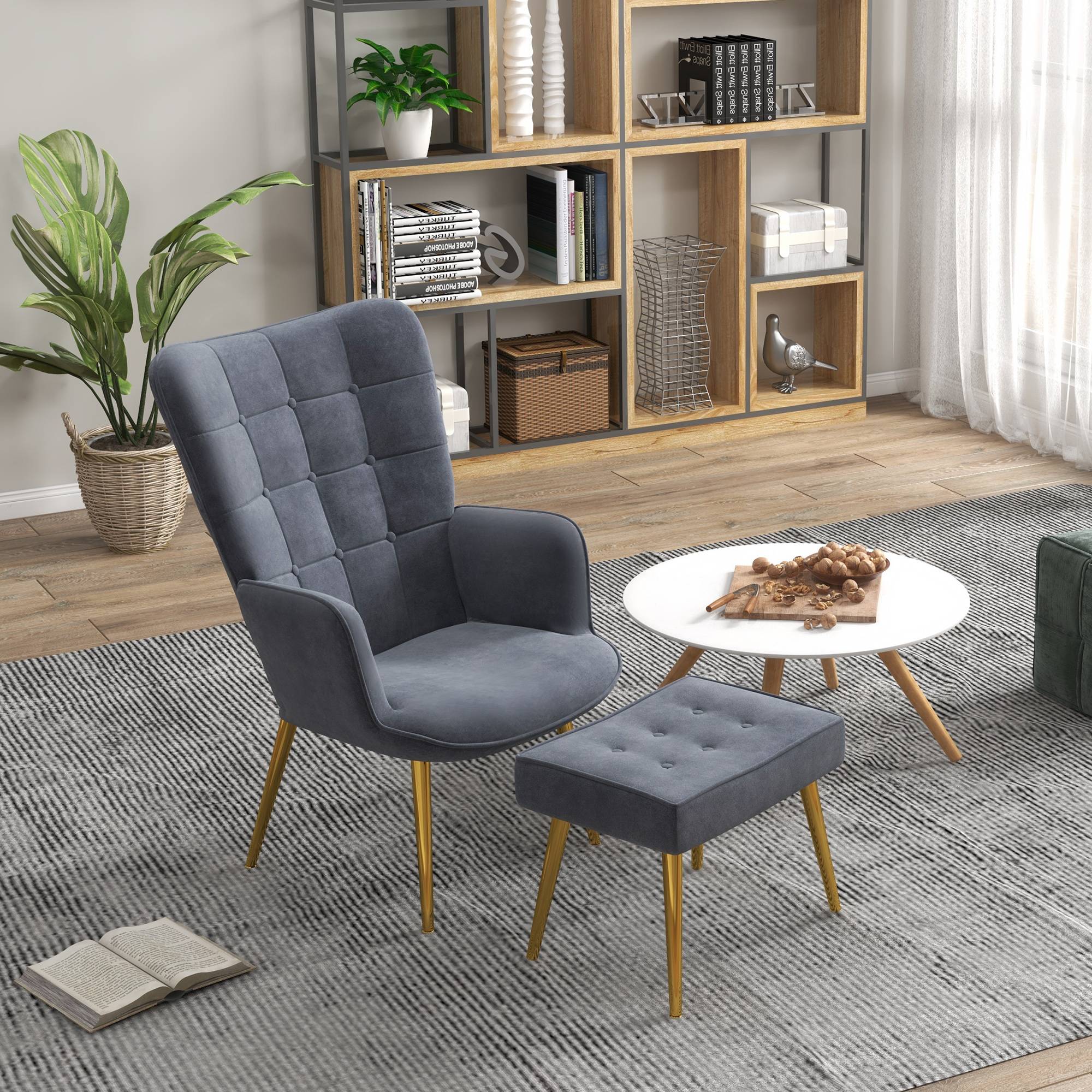 Sans Marque - Fauteuil avec repose-pied, fauteuil salon capitonné avec dossier haut, pieds en acier doré et tissu velours, gris foncé - Image 4