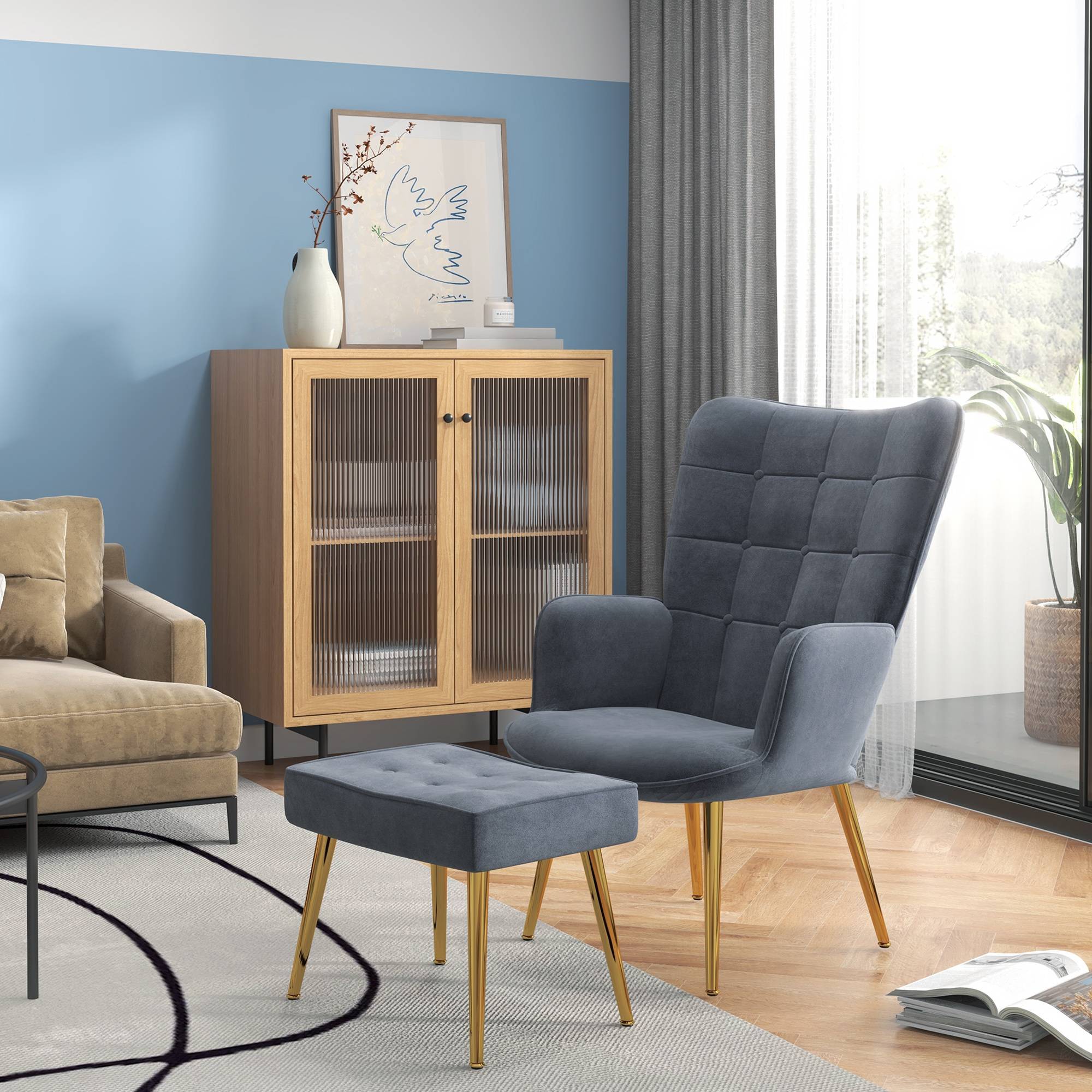 Sans Marque - Fauteuil avec repose-pied, fauteuil salon capitonné avec dossier haut, pieds en acier doré et tissu velours, gris foncé - Image 3