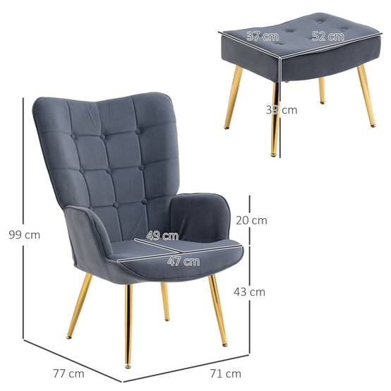 Sans Marque - Fauteuil avec repose-pied, fauteuil salon capitonné avec dossier haut, pieds en acier doré et tissu velours, gris foncé - Image 5