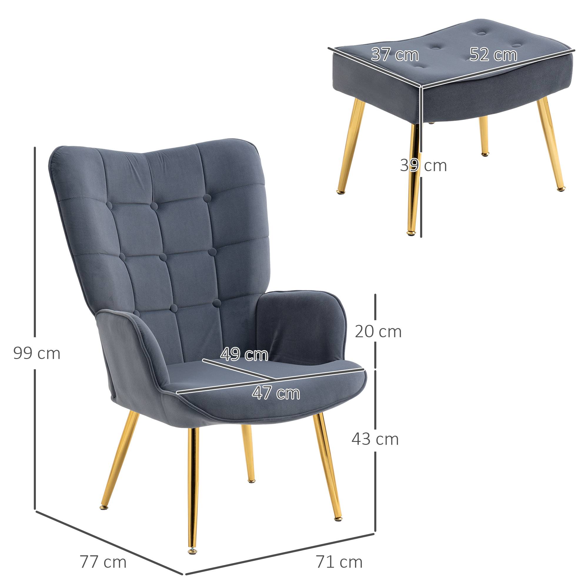 Sans Marque - Fauteuil avec repose-pied, fauteuil salon capitonné avec dossier haut, pieds en acier doré et tissu velours, gris foncé - Image 5