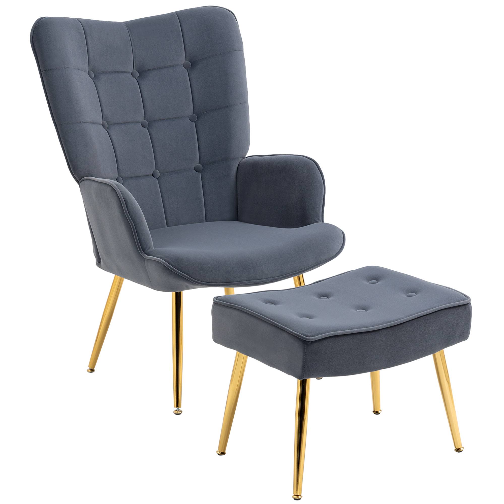 Sans Marque - Fauteuil avec repose-pied, fauteuil salon capitonné avec dossier haut, pieds en acier doré et tissu velours, gris foncé - Image 2