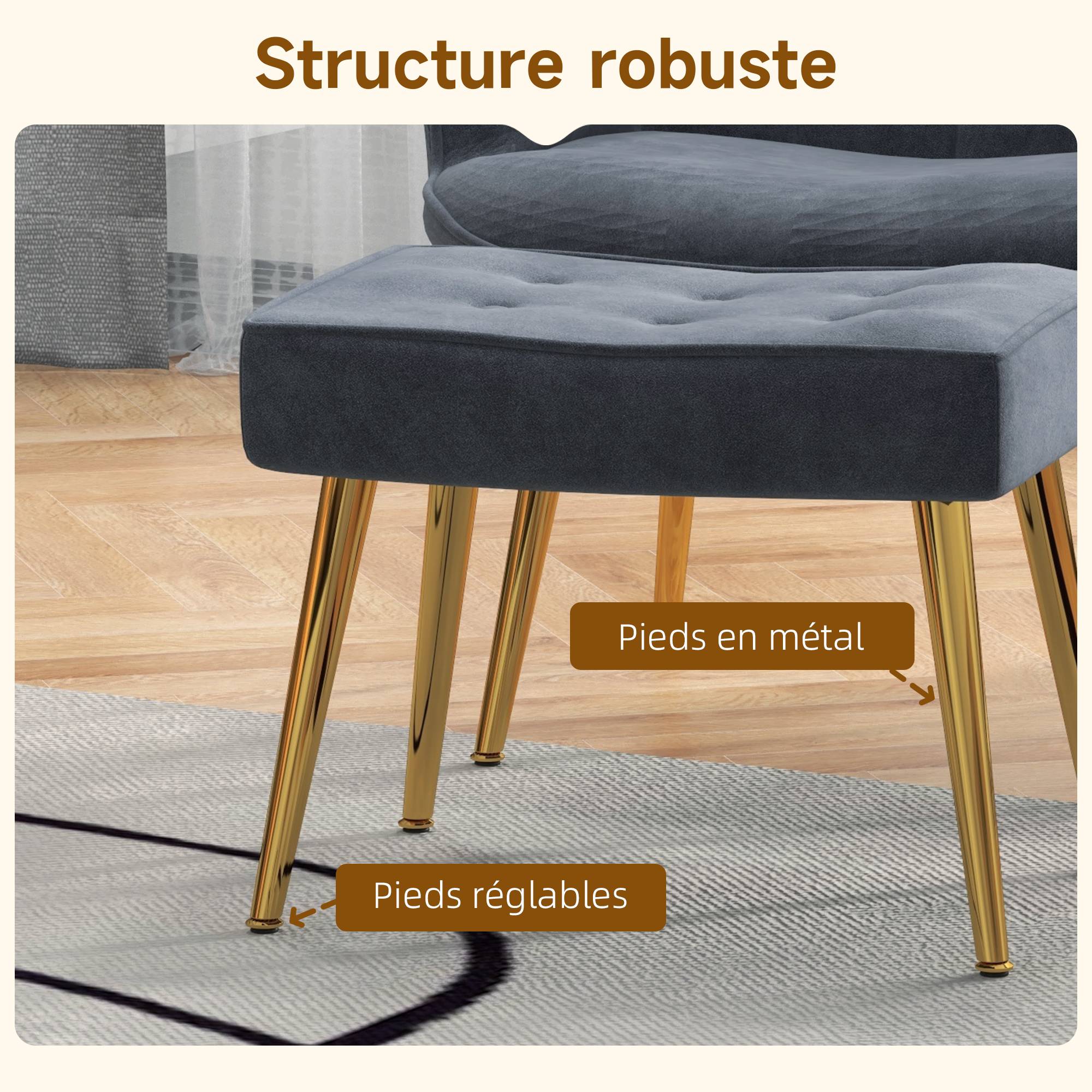 Sans Marque - Fauteuil avec repose-pied, fauteuil salon capitonné avec dossier haut, pieds en acier doré et tissu velours, gris foncé - Image 7