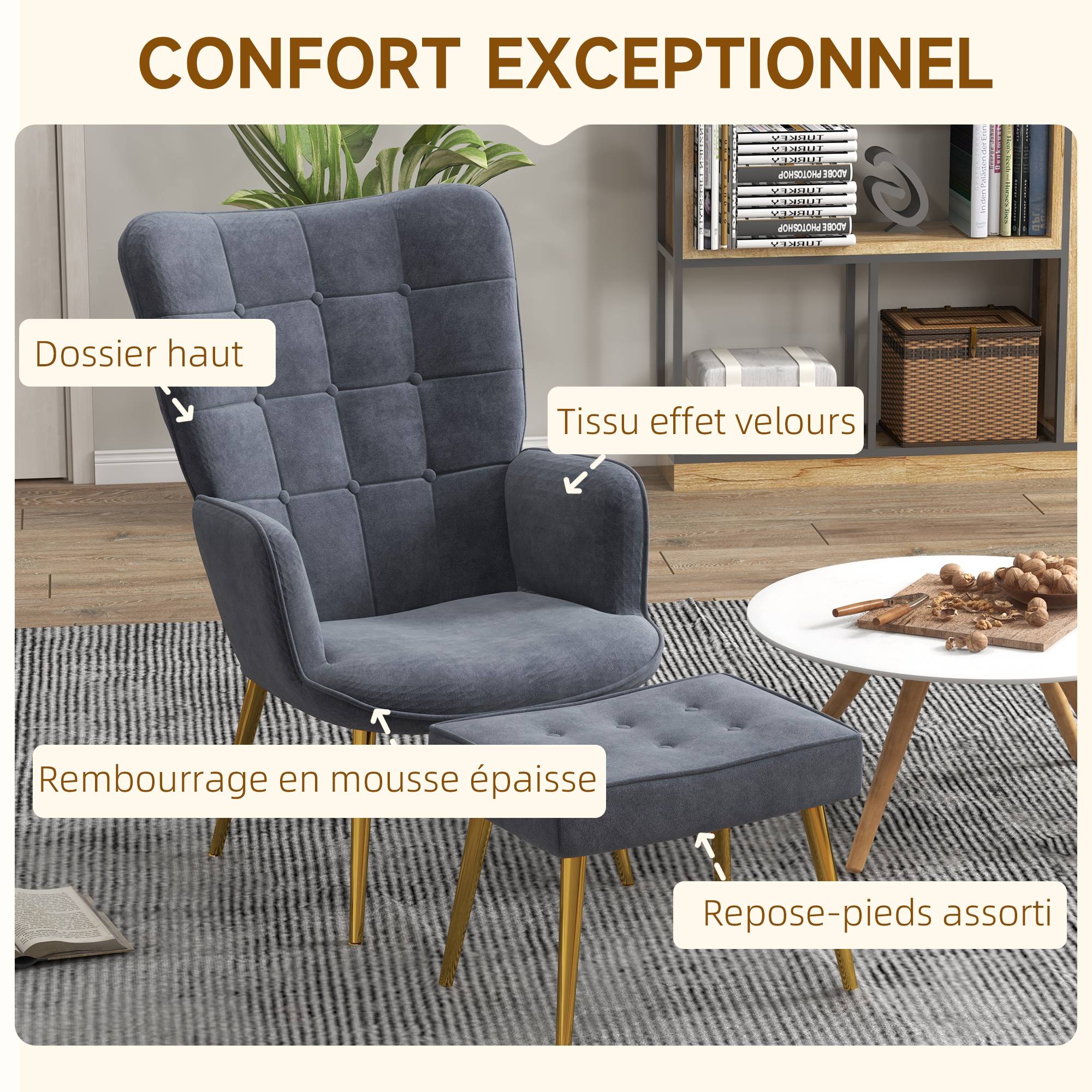 Sans Marque - Fauteuil avec repose-pied, fauteuil salon capitonné avec dossier haut, pieds en acier doré et tissu velours, gris foncé - Image 6