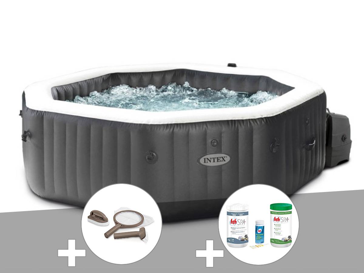 Kit spa gonflable Intex PureSpa Carbone octogonal Bulles et Jets 4 places + Kit traitement brome + Kit d'entretien
