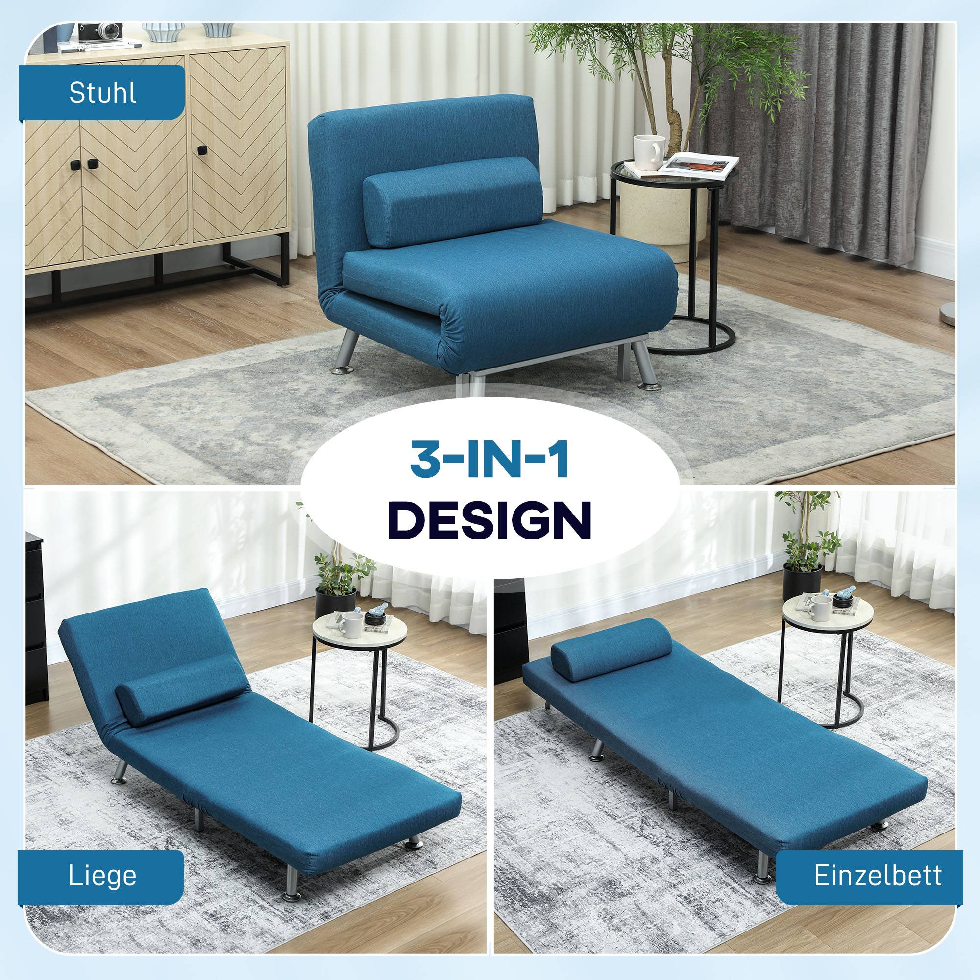 Fauteuil convertible en lit, inclinable pliable aspect lin, dossier réglable, 75 x 70 x 75 cm, bleu - Image 6