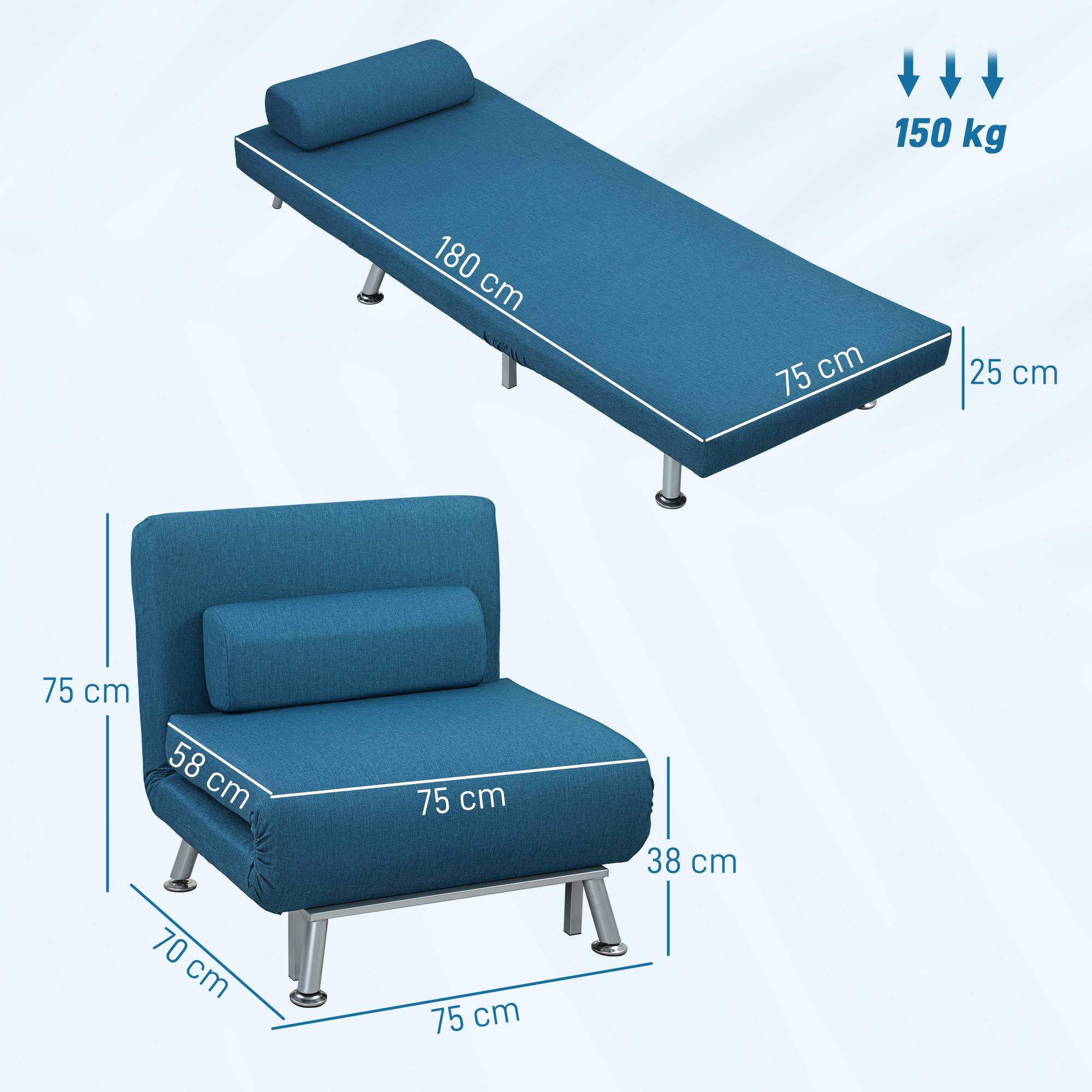 Fauteuil convertible en lit, inclinable pliable aspect lin, dossier réglable, 75 x 70 x 75 cm, bleu - Image 5