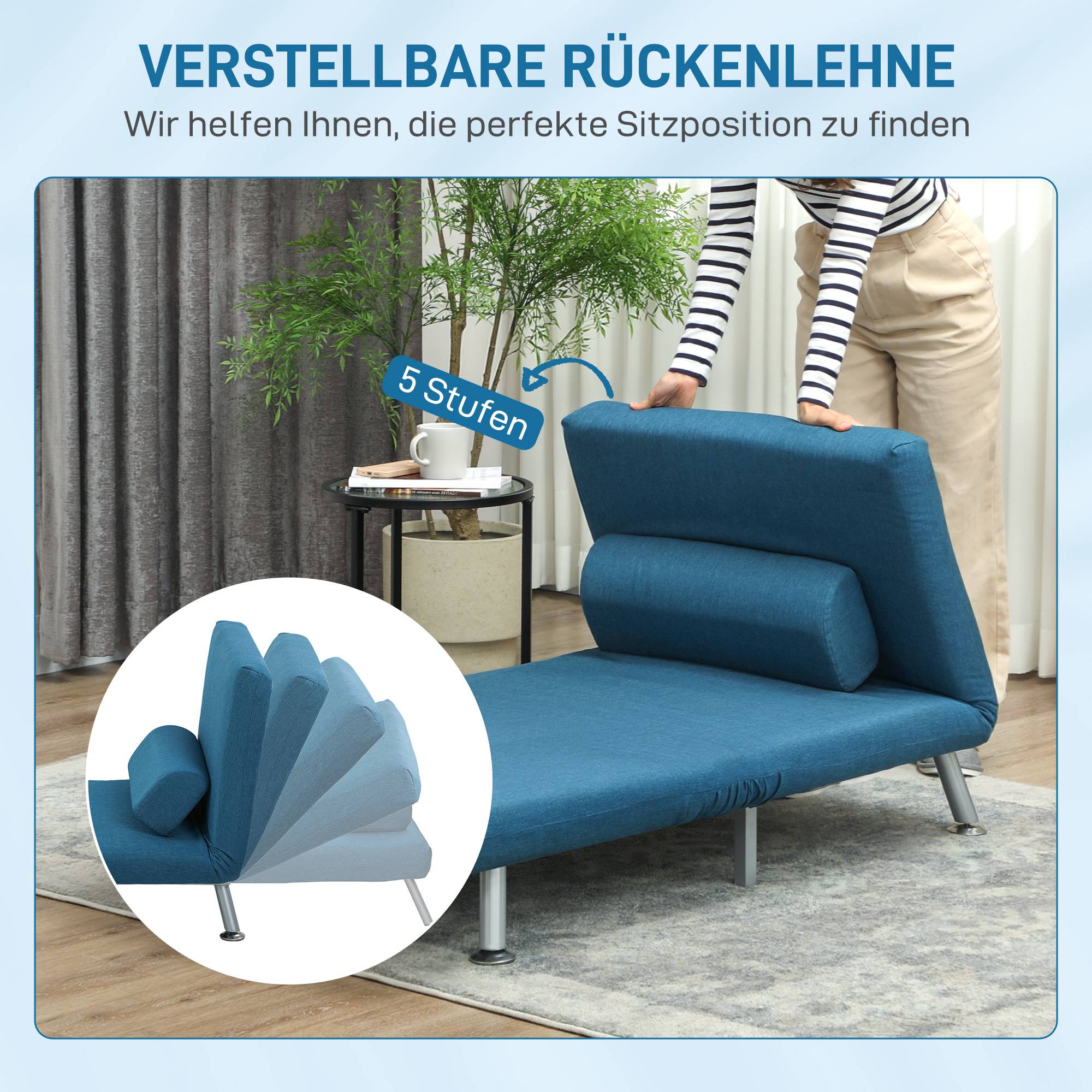Fauteuil convertible en lit, inclinable pliable aspect lin, dossier réglable, 75 x 70 x 75 cm, bleu - Image 7