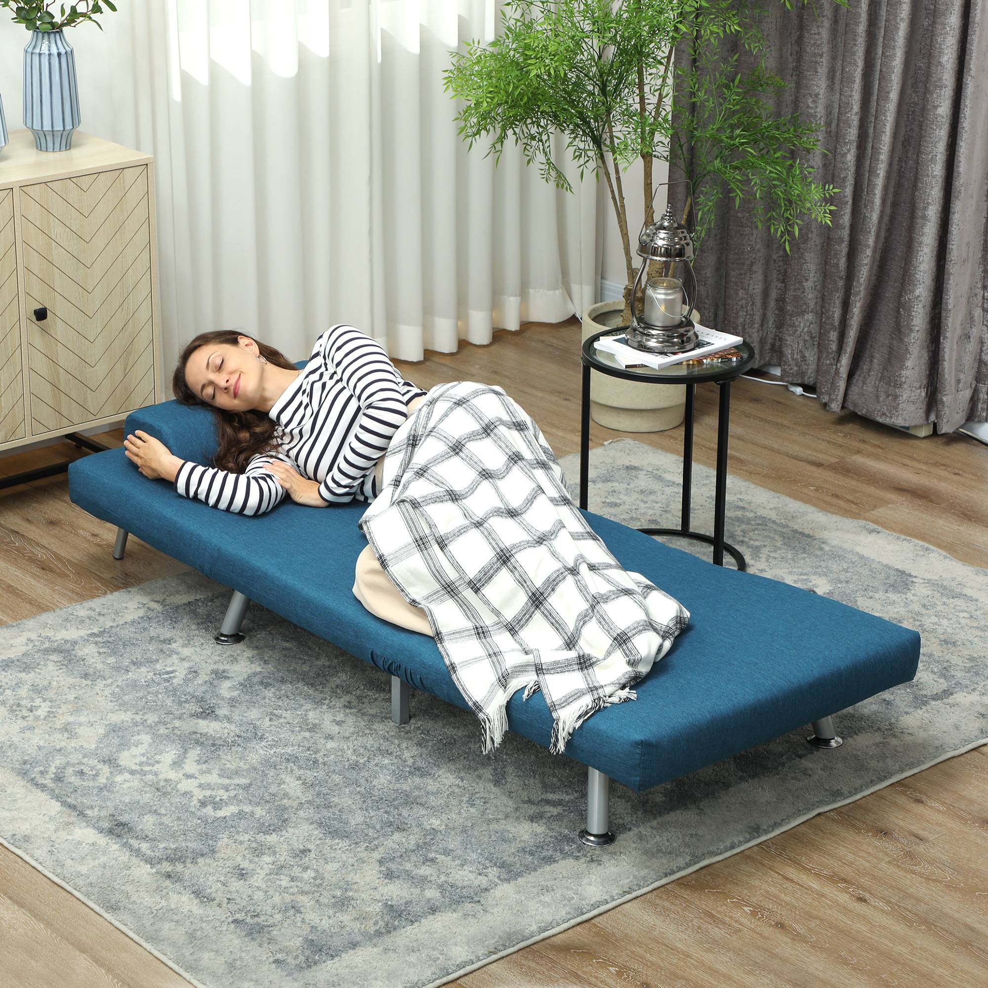Fauteuil convertible en lit, inclinable pliable aspect lin, dossier réglable, 75 x 70 x 75 cm, bleu - Image 10