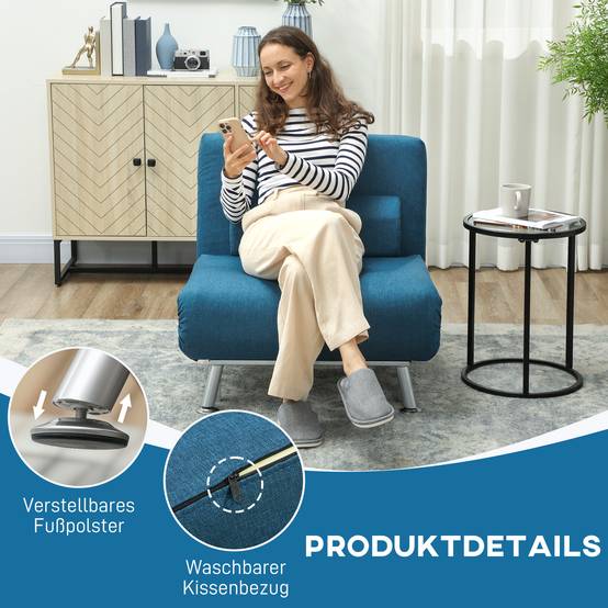 Fauteuil convertible en lit, inclinable pliable aspect lin, dossier réglable, 75 x 70 x 75 cm, bleu - Image 9
