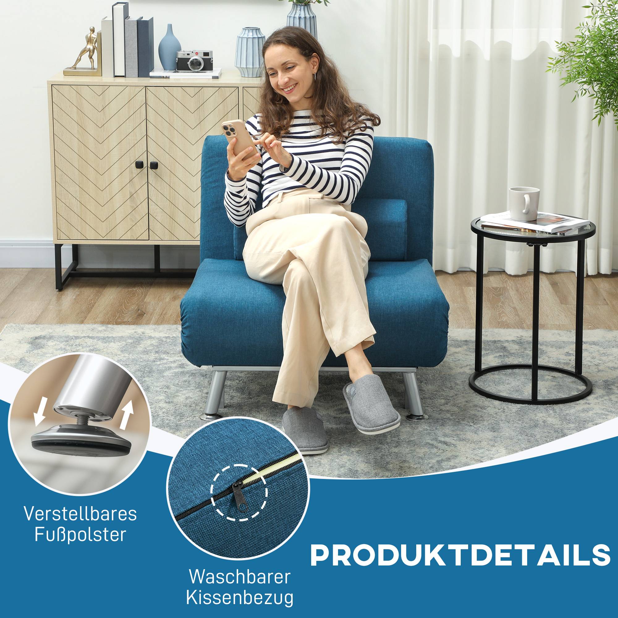 Fauteuil convertible en lit, inclinable pliable aspect lin, dossier réglable, 75 x 70 x 75 cm, bleu - Image 9
