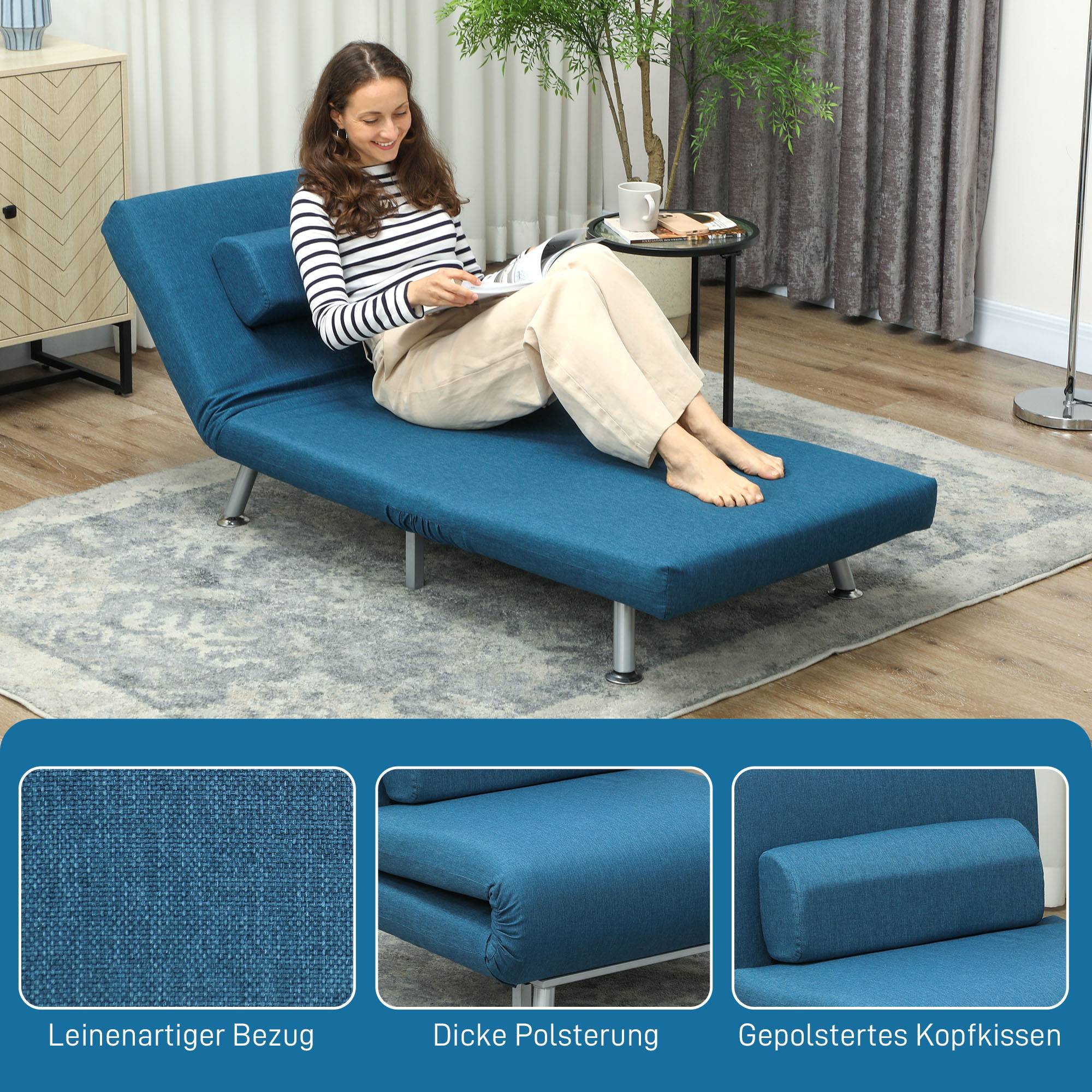 Fauteuil convertible en lit, inclinable pliable aspect lin, dossier réglable, 75 x 70 x 75 cm, bleu - Image 8