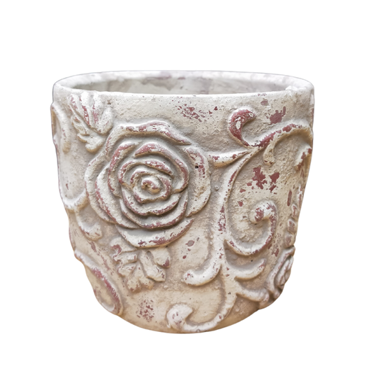 ~ Cache-pot en béton gris "Roses et arabesques" 17.5 x 16.5 cm Chemin de campagne