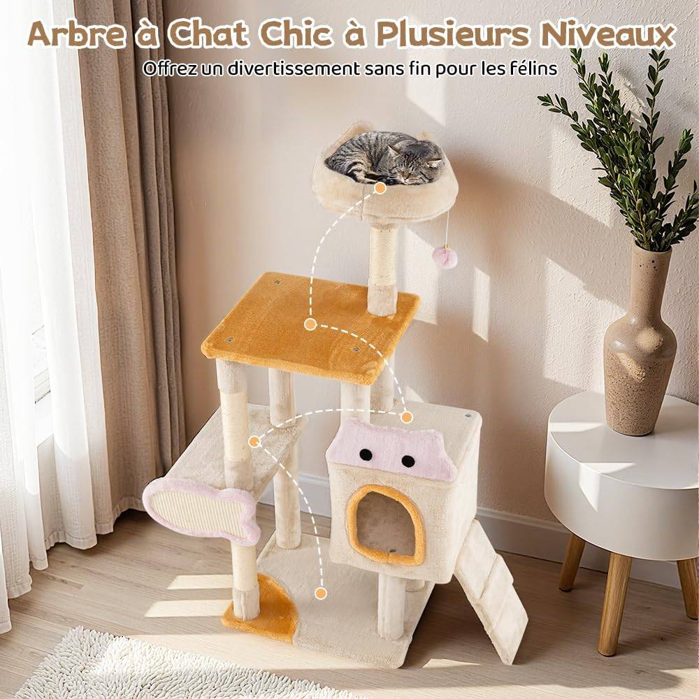 Arbre à Chat XXL 125 cm, Condo, Planche et Poteaux à Griffer en Sisal, 4 Plateformes, Arbre a Chat Design de Poisson, Rampe, Pompon, Tour pour Chaton - Image 2