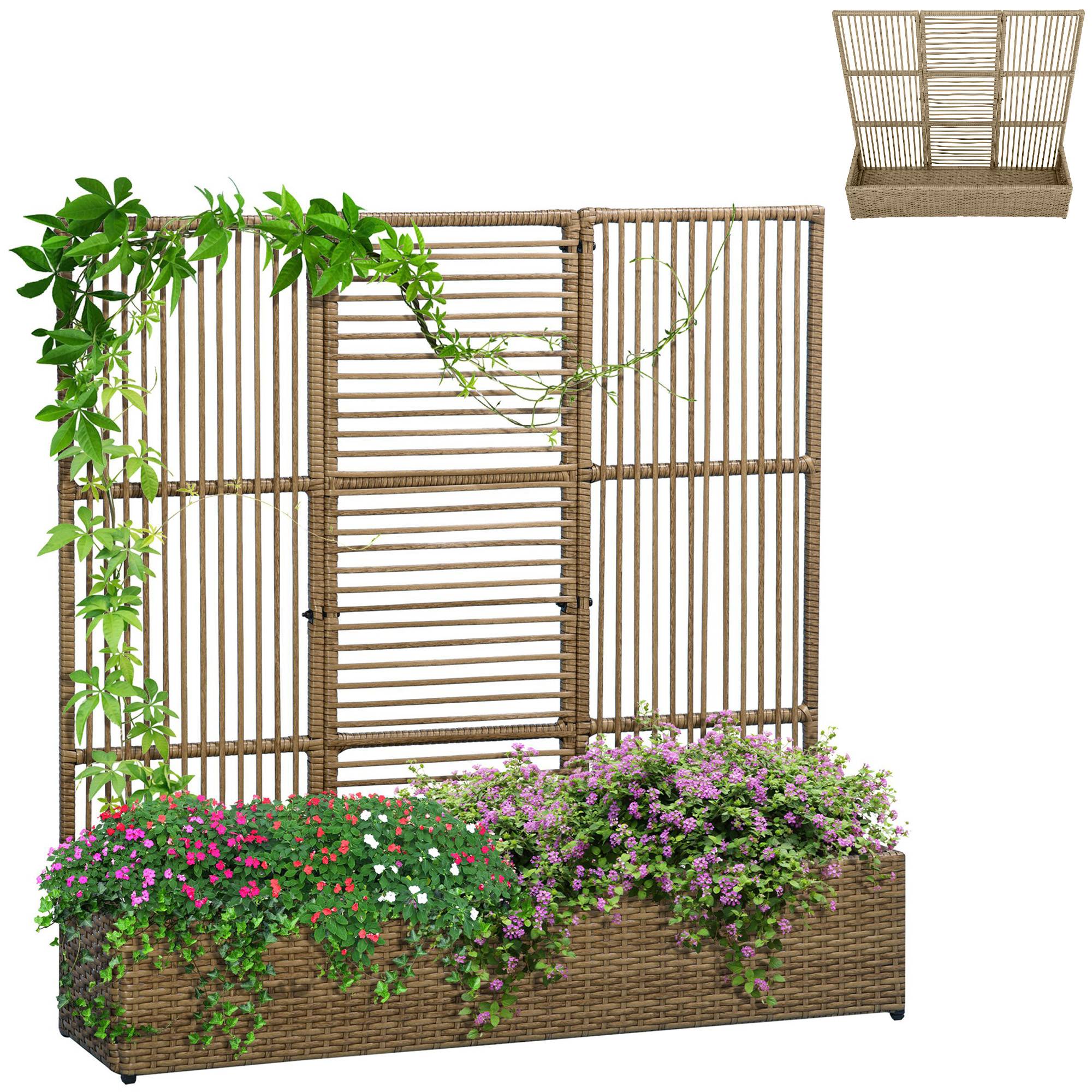 Jardinière avec treillis, résistante, polyrotin, 103x29x103 cm, couleur sable - Image 1