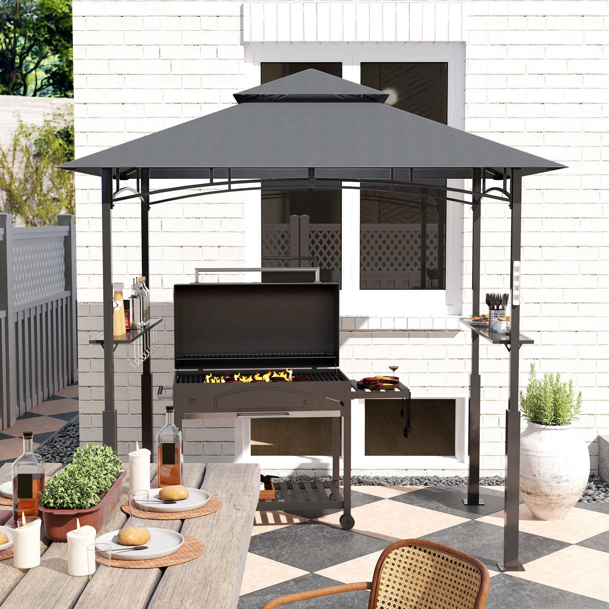 Tonnelle de barbecue à deux niveaux auvent de réception pour jardin avec lumière LED 240 x 150 x 250 cm gris foncé - Image 10