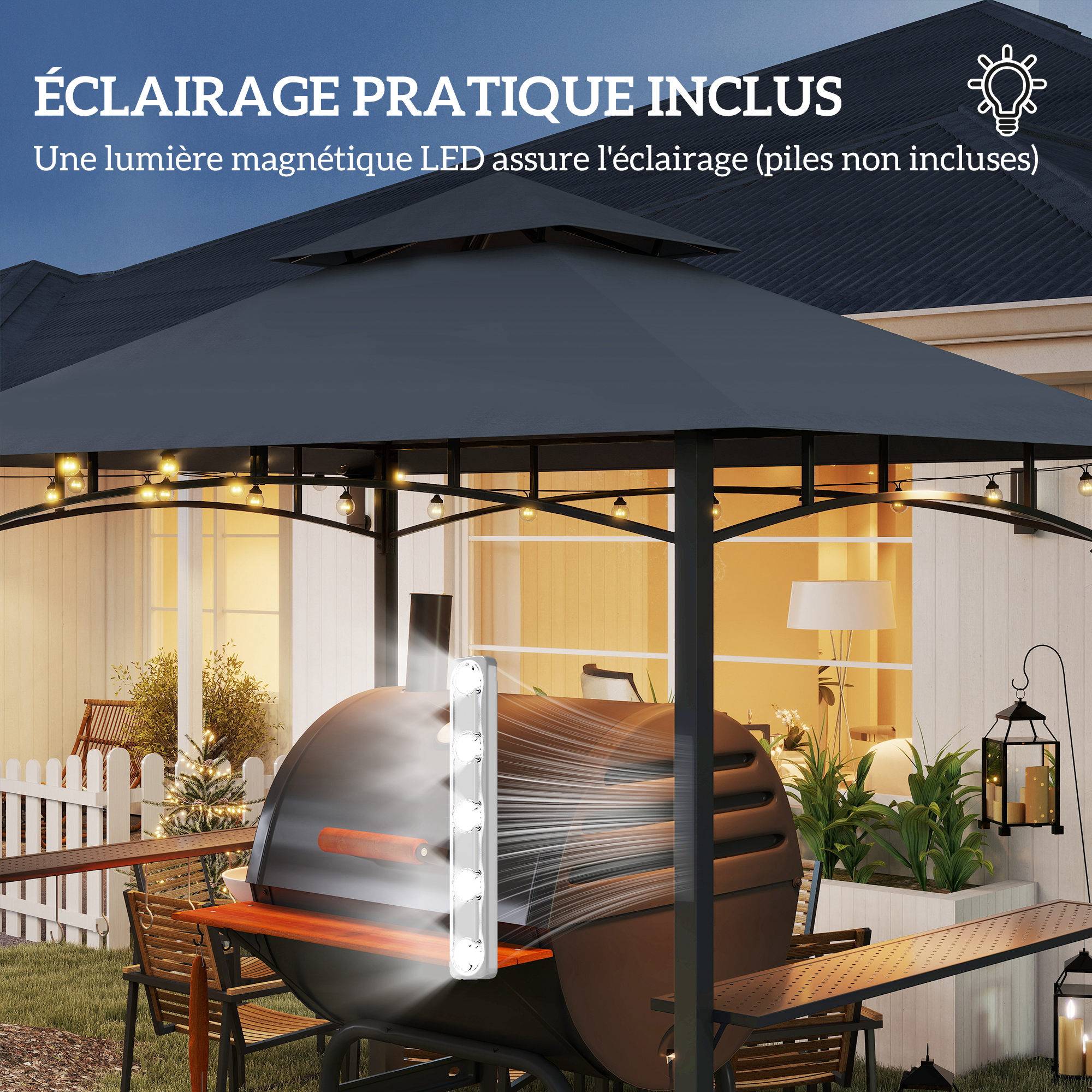 Tonnelle de barbecue à deux niveaux auvent de réception pour jardin avec lumière LED 240 x 150 x 250 cm gris foncé - Image 8
