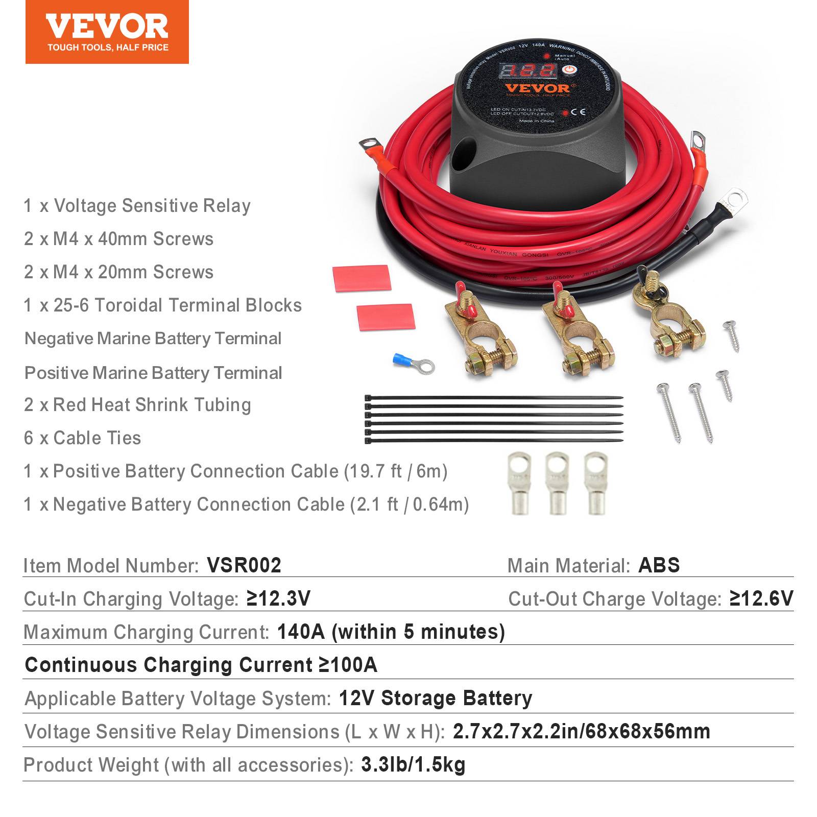 VEVOR Kit isolateur batterie double 12V 140A, relais VSR écran LCD, modes manuel/auto, pour camping-car. - Image 7