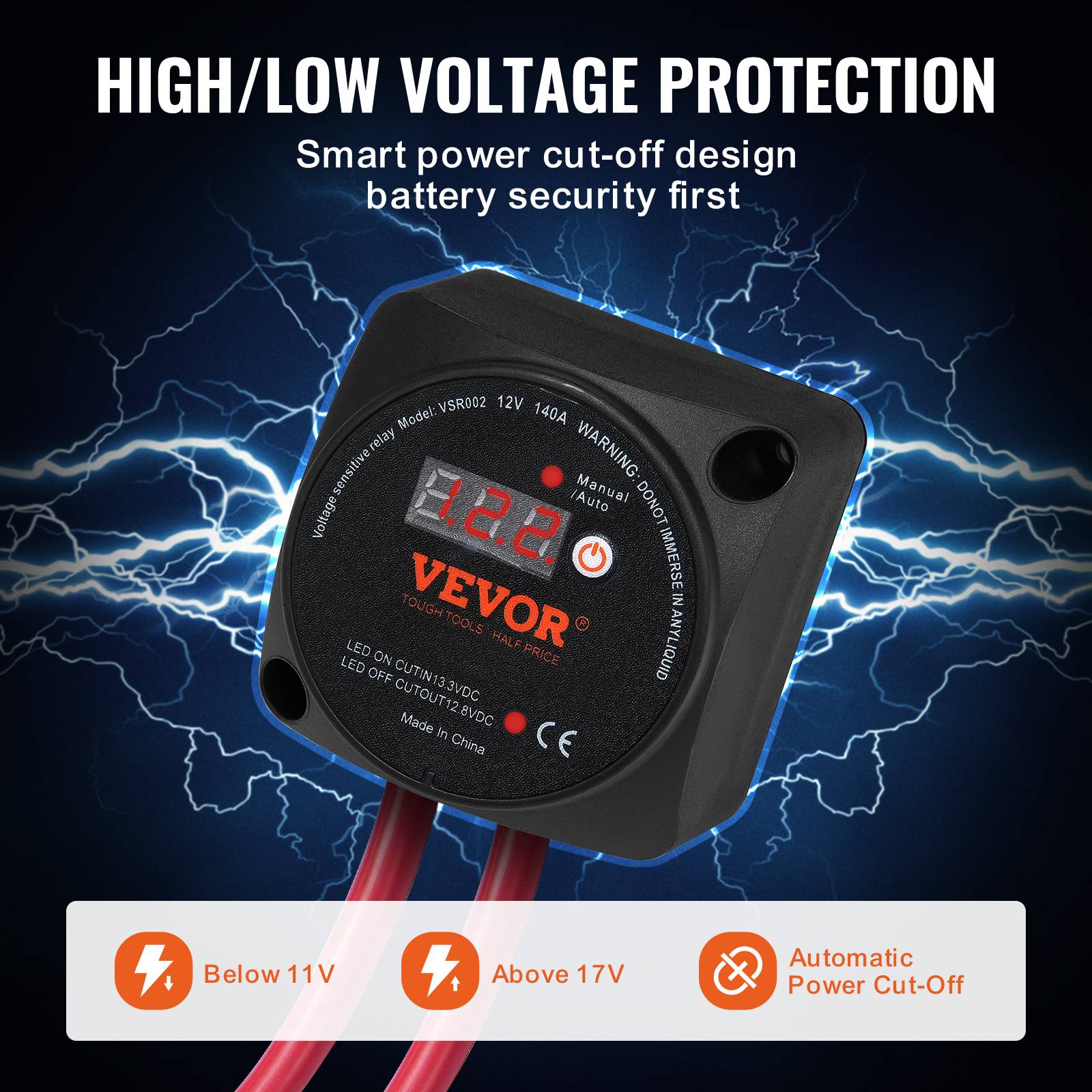 VEVOR Kit isolateur batterie double 12V 140A, relais VSR écran LCD, modes manuel/auto, pour camping-car. - Image 4