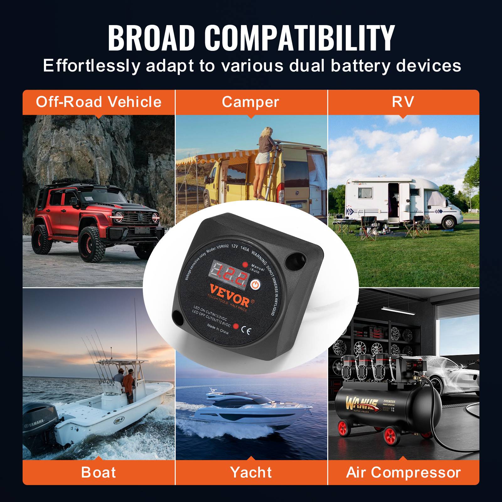 VEVOR Kit isolateur batterie double 12V 140A, relais VSR écran LCD, modes manuel/auto, pour camping-car. - Image 6
