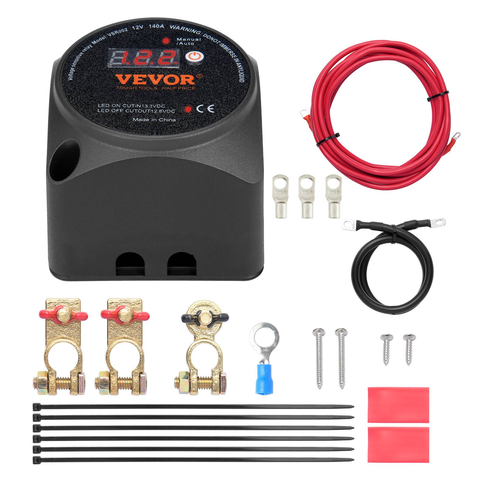 VEVOR Kit isolateur batterie double 12V 140A, relais VSR écran LCD, modes manuel/auto, pour camping-car. - Image 1