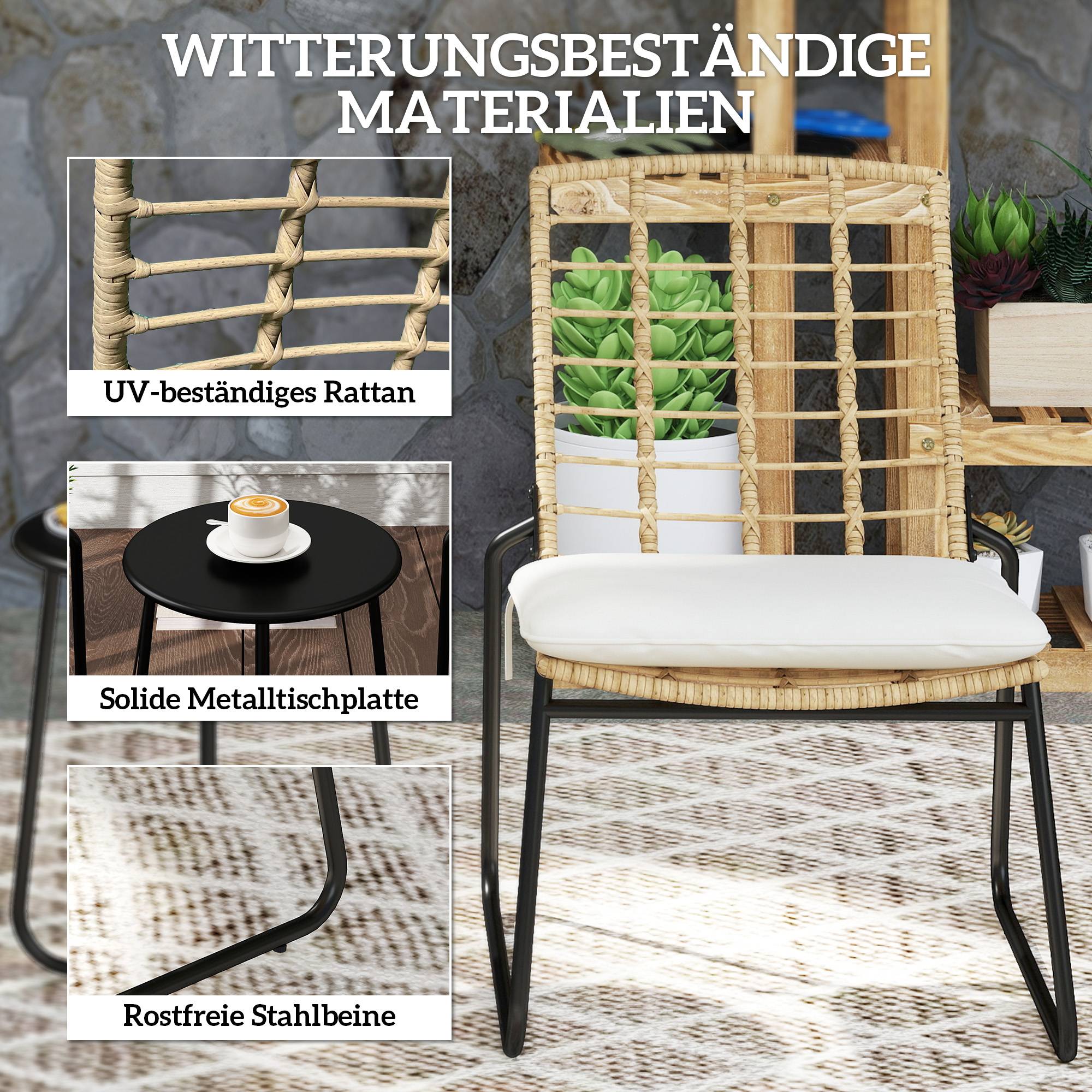 Ensemble bistro de jardin 3 pièces : 2 fauteuils rotin + table métal, coussins, beige & marron - Image 5