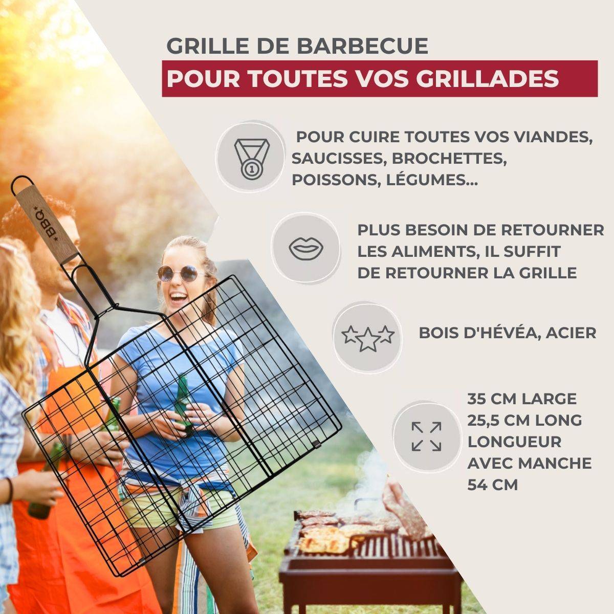 Lot de 2 grilles barbecue 35/25,5/54 cm en acier inoxydable et bois Fackelmann Barbecue - Image 3
