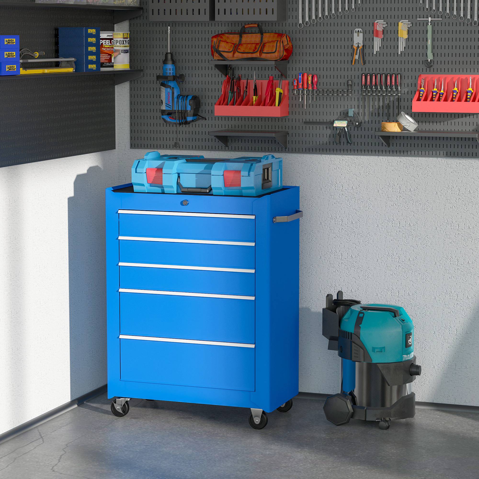 Sans Marque - Armoire outils, caisse, 5 tiroirs, roulant, acier, bleu - Image 4