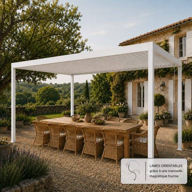 Pergola Bioclimatique Aluminium Autoportante Blanc 5x3,5 Manuelle S ORIAL France - Image 3