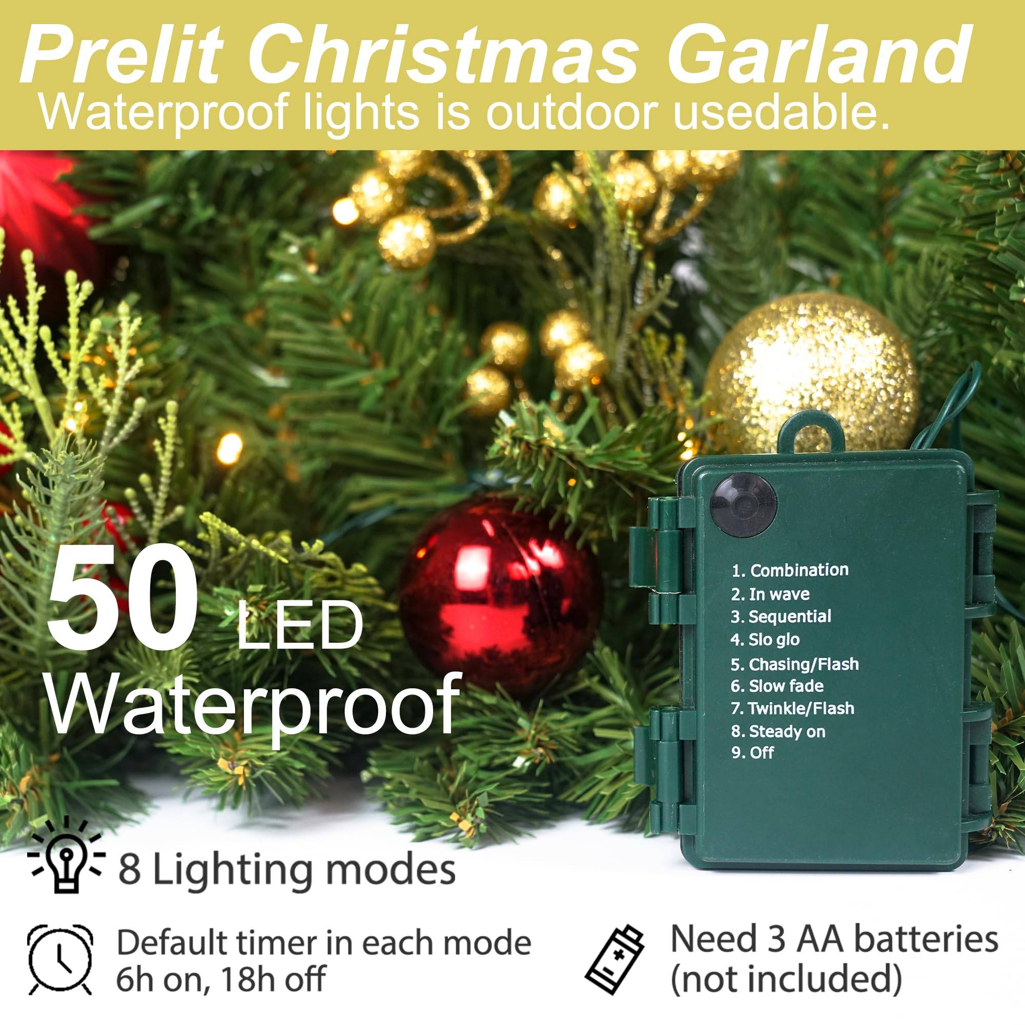 Couronne de Noël artificielle de 180 cm, guirlande de Noël en canne verte avec 50 LED, boules de Noël et baies rouges,pour cheminée, porte, balcon - Image 4