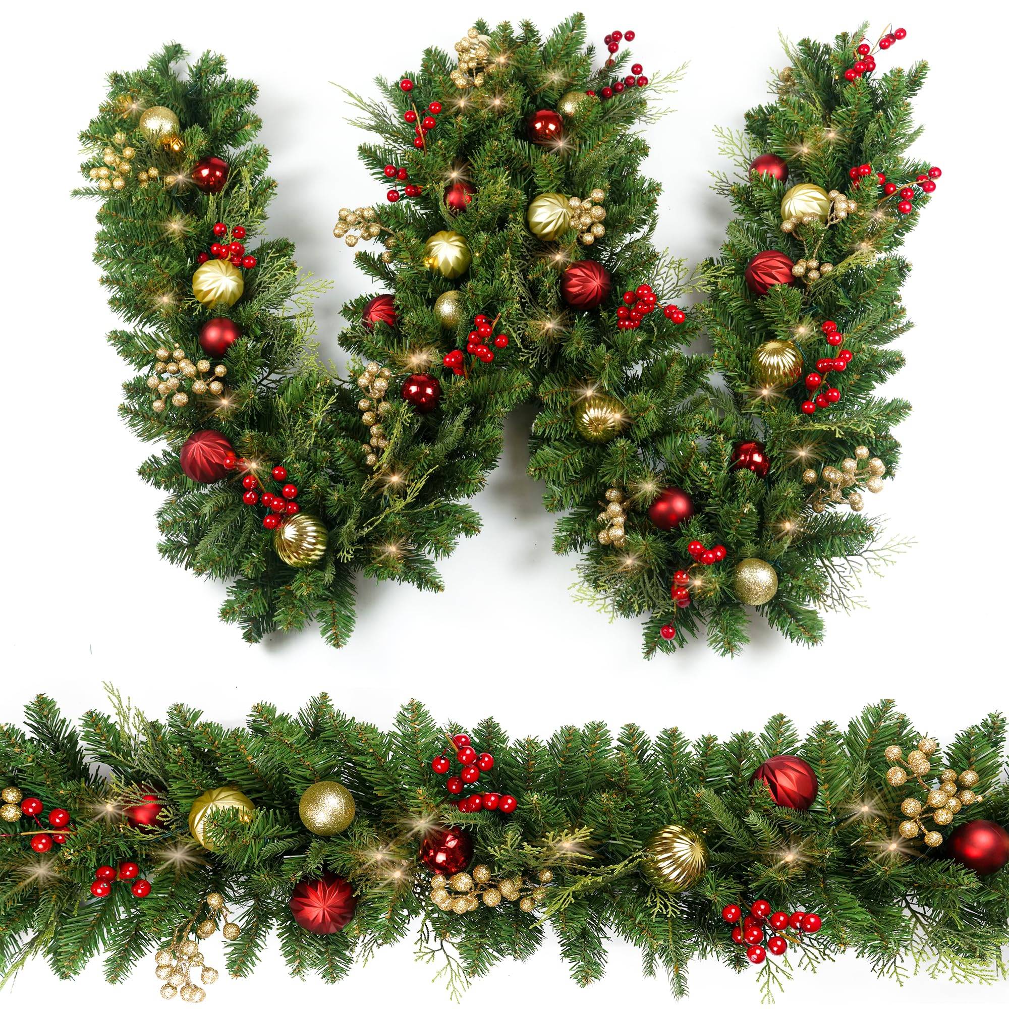Couronne de Noël artificielle de 180 cm, guirlande de Noël en canne verte avec 50 LED, boules de Noël et baies rouges,pour cheminée, porte, balcon - Image 1