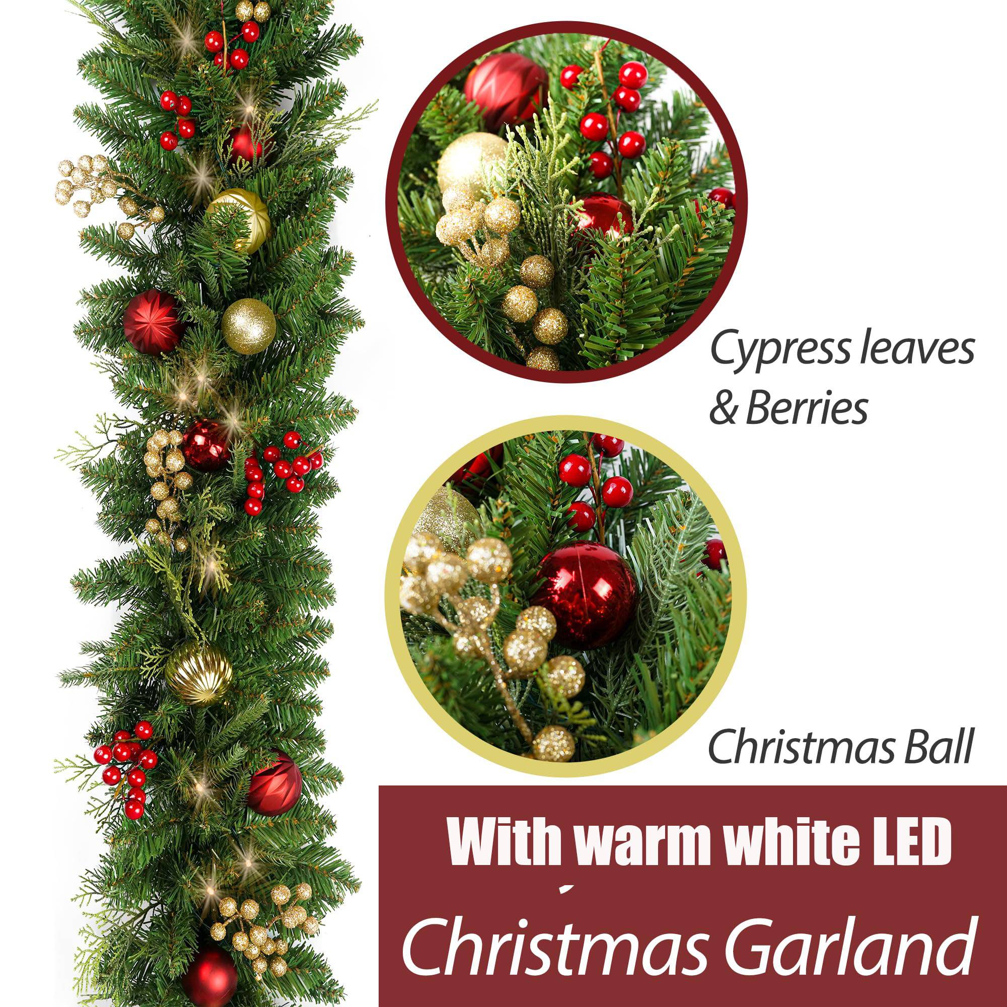 Couronne de Noël artificielle de 180 cm, guirlande de Noël en canne verte avec 50 LED, boules de Noël et baies rouges,pour cheminée, porte, balcon - Image 2