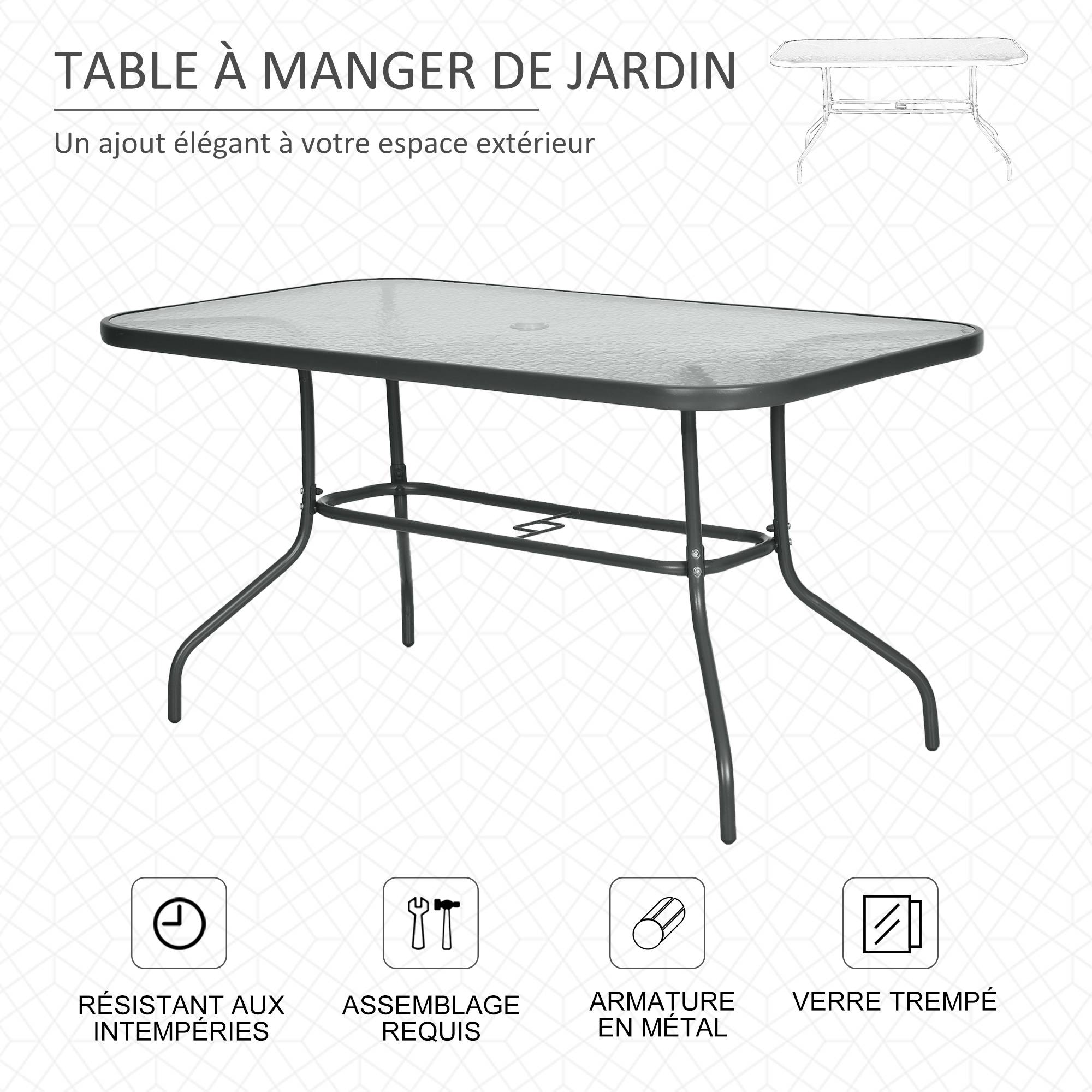 Table de Jardin rectangulaire dim. 140L X 80l x 70H cm métal époxy Gris Plateau Verre trempé - Image 8