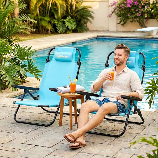 Lot de 2 chaises de plage Métal Polyester Pliable réglable 75x63cm Bleu - ComfortXL Outdoor Living - Image 4
