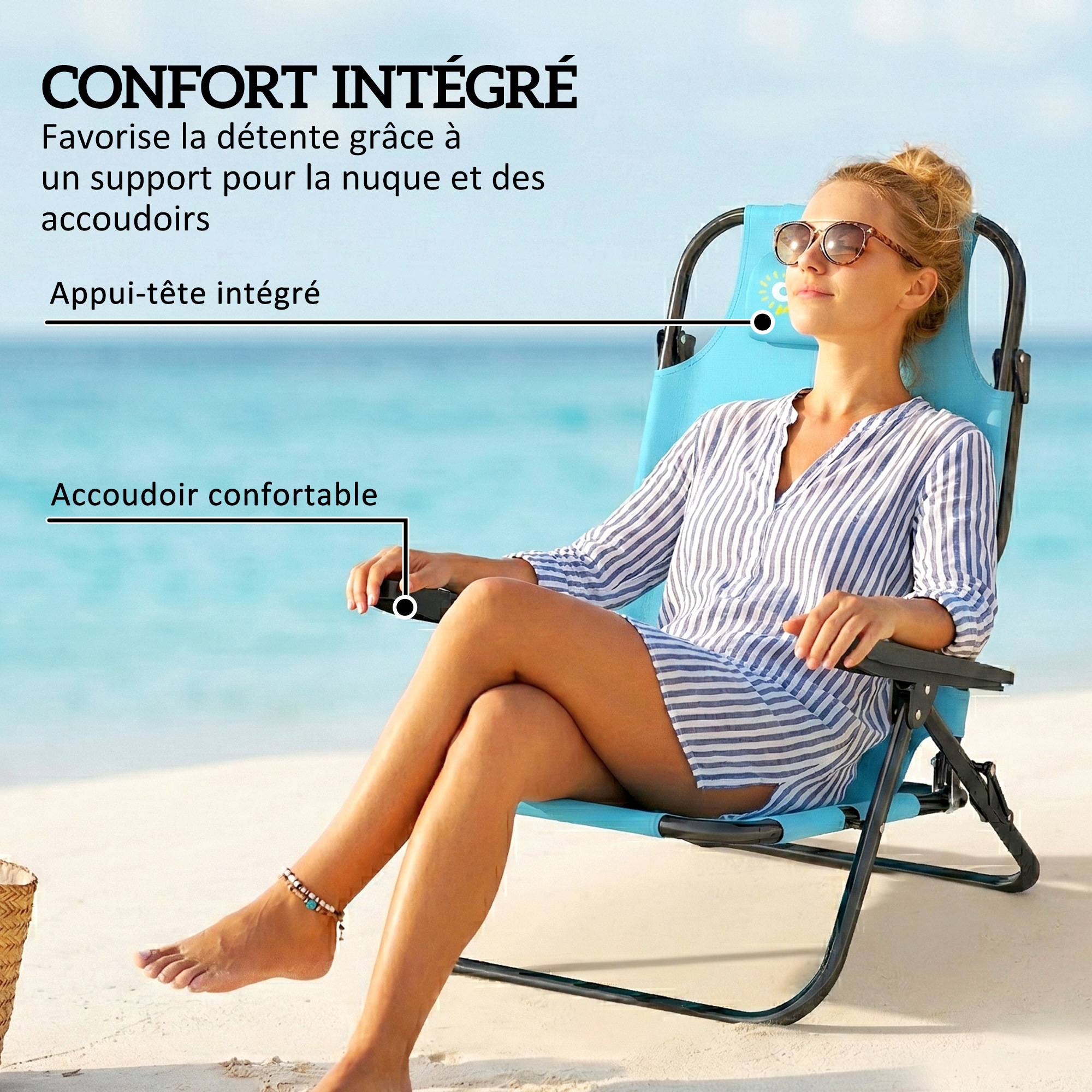 Lot de 2 chaises de plage Métal Polyester Pliable réglable 75x63cm Bleu - ComfortXL Outdoor Living - Image 8