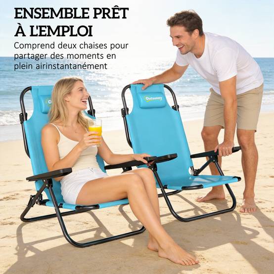 Lot de 2 chaises de plage Métal Polyester Pliable réglable 75x63cm Bleu - ComfortXL Outdoor Living - Image 6