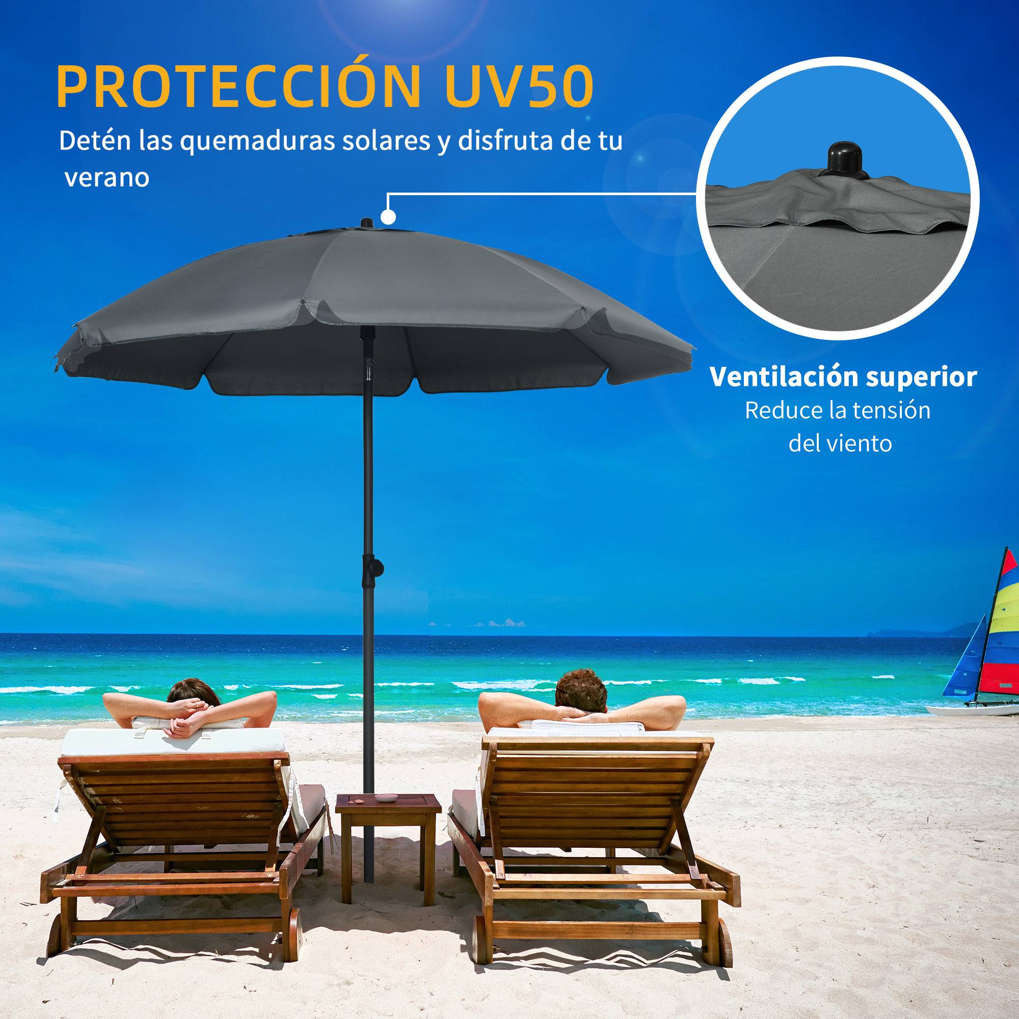 Parasol de plage avec protection UV50+, mât de 32 mm de diamètre et toile réglable 180 x 209 cm, gris foncé - Image 6