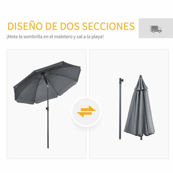 Parasol de plage avec protection UV50+, mât de 32 mm de diamètre et toile réglable 180 x 209 cm, gris foncé - Image 10