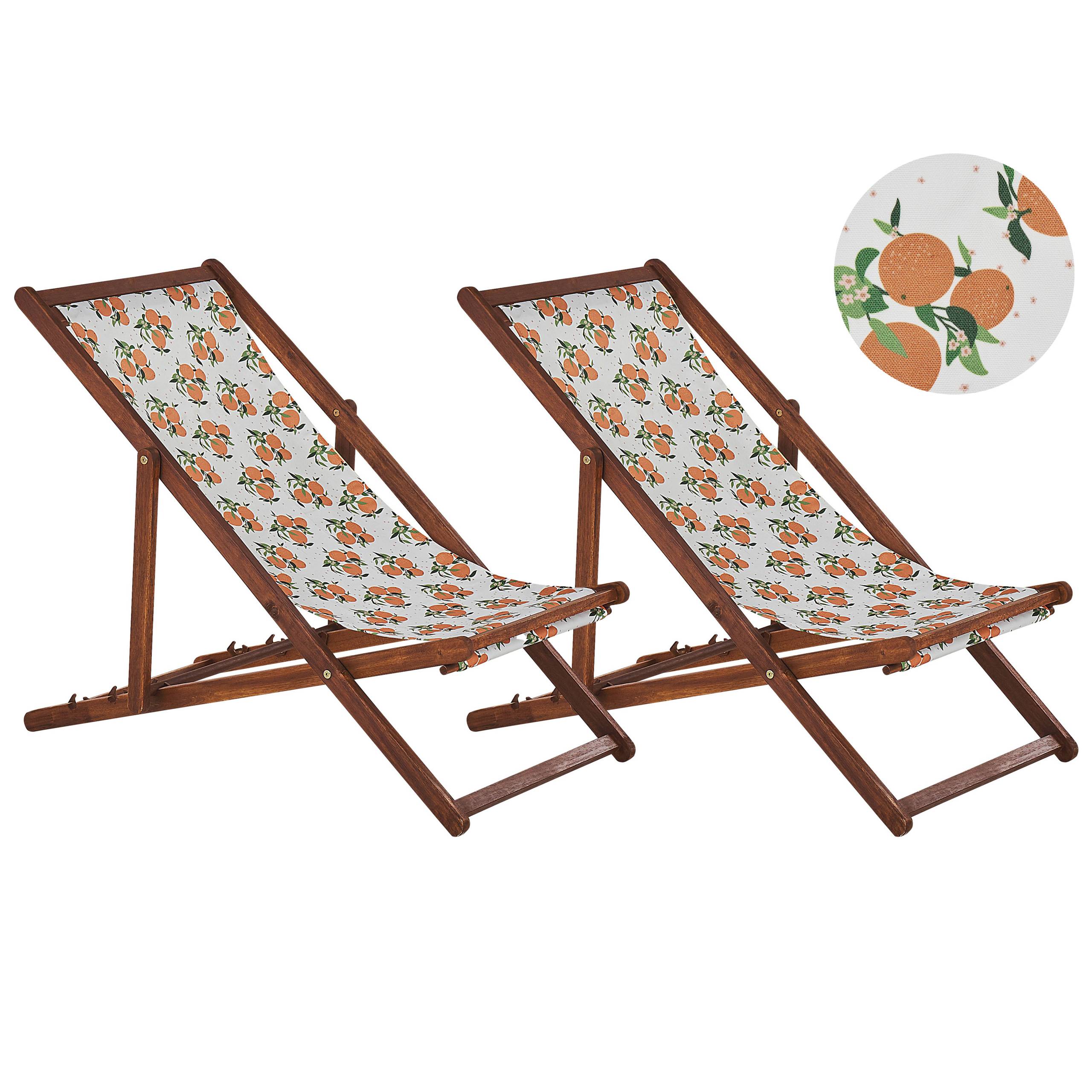 Beliani - 2 Transats Chiliennes Pliantes et Réglables en Bois d'Acacia Foncé et Textile Motif Oranges avec Toiles de Remplacement
