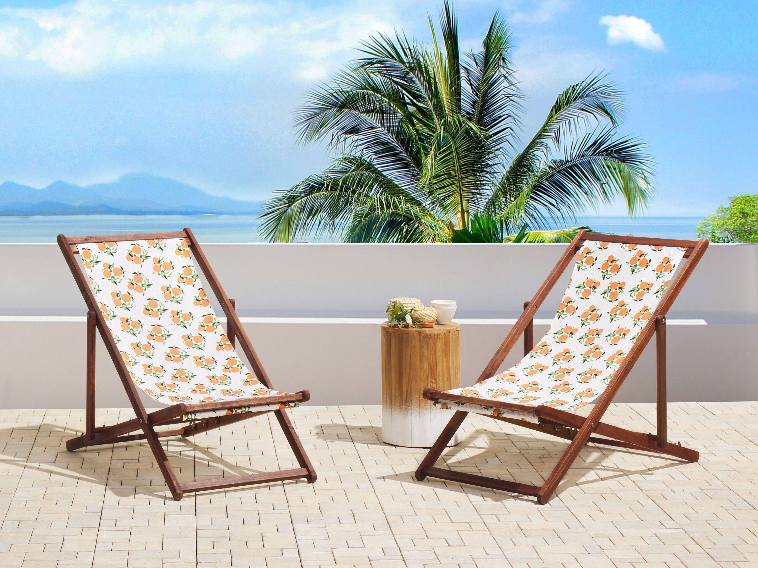 Beliani - 2 Transats Chiliennes Pliantes et Réglables en Bois d'Acacia Foncé et Textile Motif Oranges avec Toiles de Remplacement - Image 2