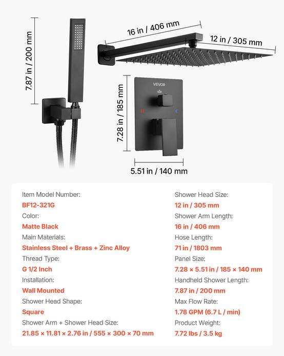 VEVOR Kit de Douche avec Douchette de Tête Carrée 30,5 cm et à Main Noir Mat - Image 7